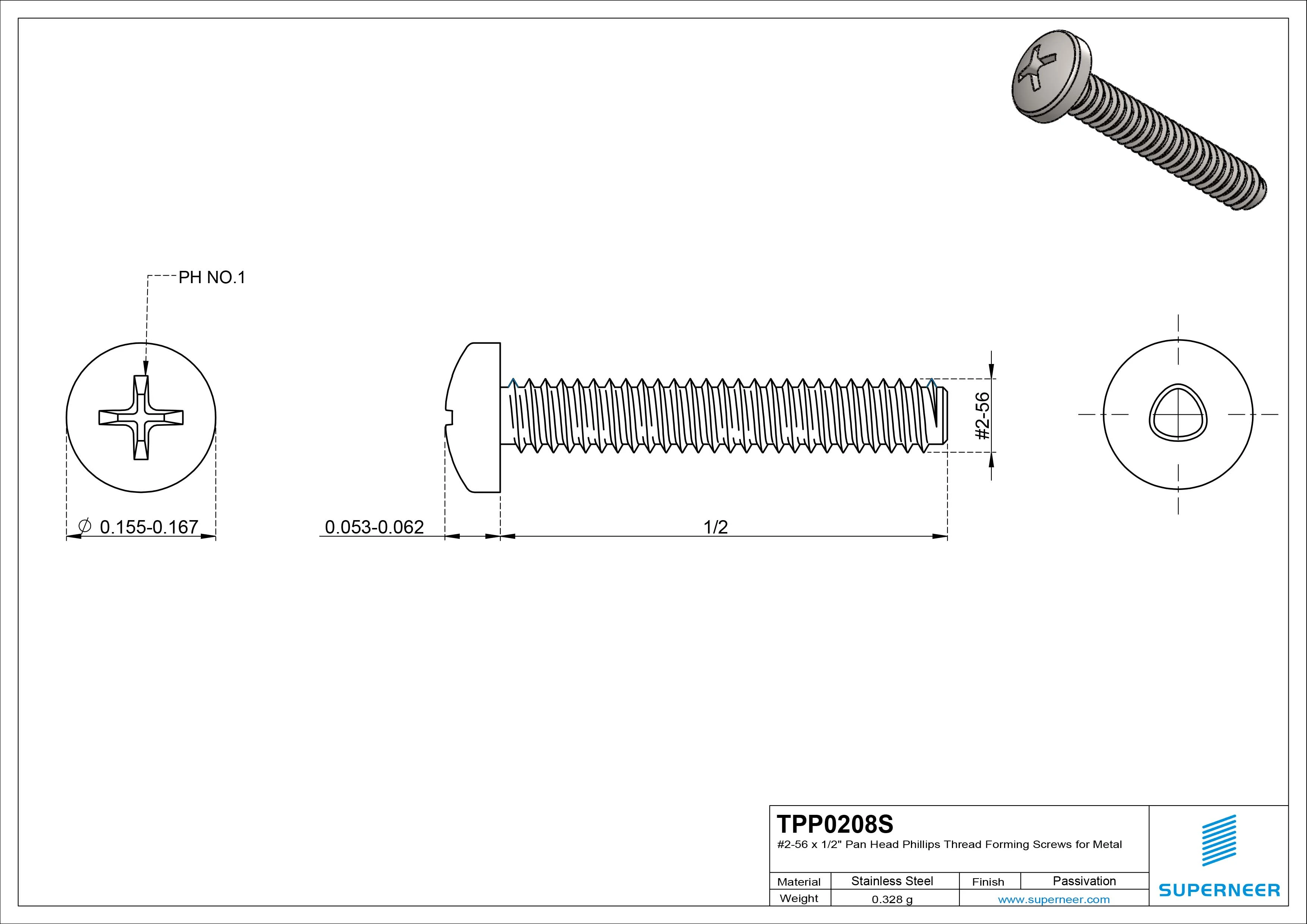 2-56 &times; 1/2 Pan Head Phillips Thread Forming  Screws for Metal  SUS304 Stainless Steel Inox