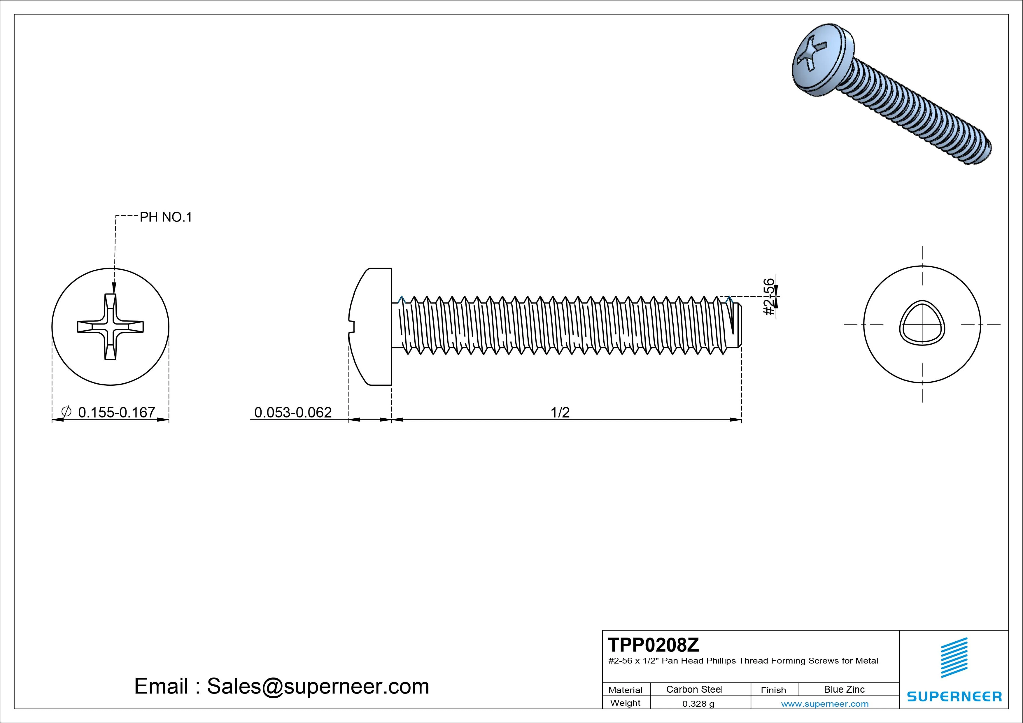 2-56 &times; 1/2 Pan Head Phillips Thread Forming  Screws for Metal  Steel Blue Zinc Plated