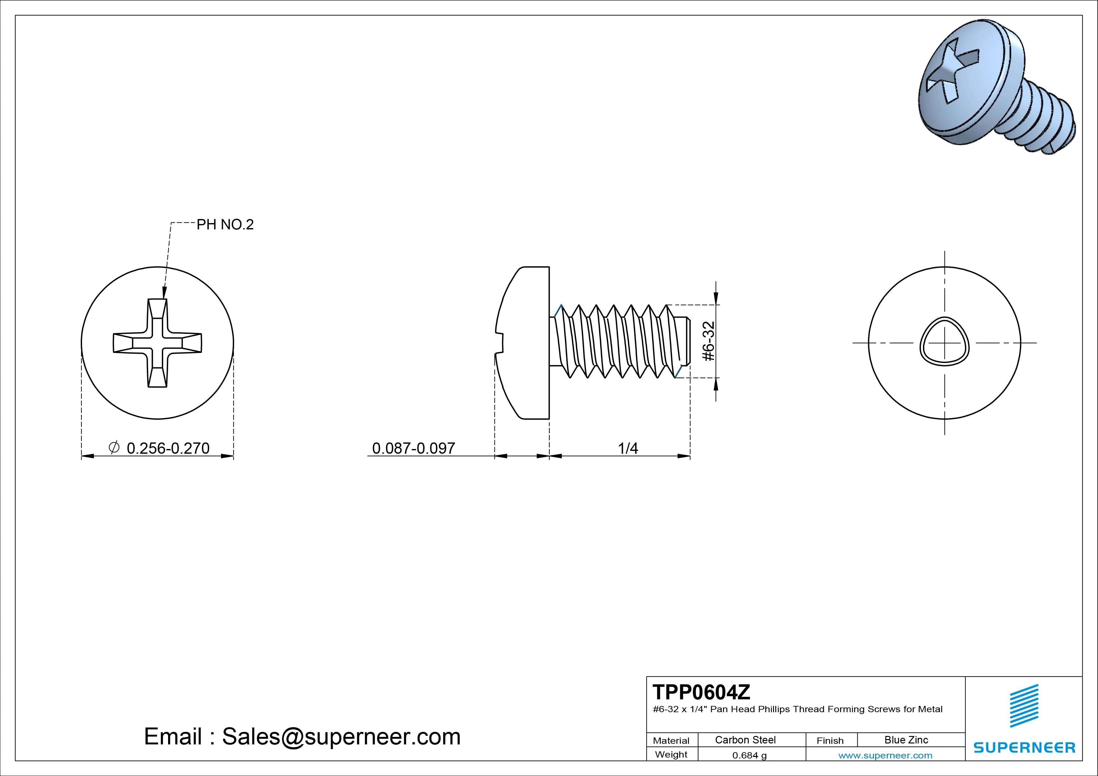 6-32 &times; 1/4 Pan Head Phillips Thread Forming  Screws for Metal  Steel Blue Zinc Plated