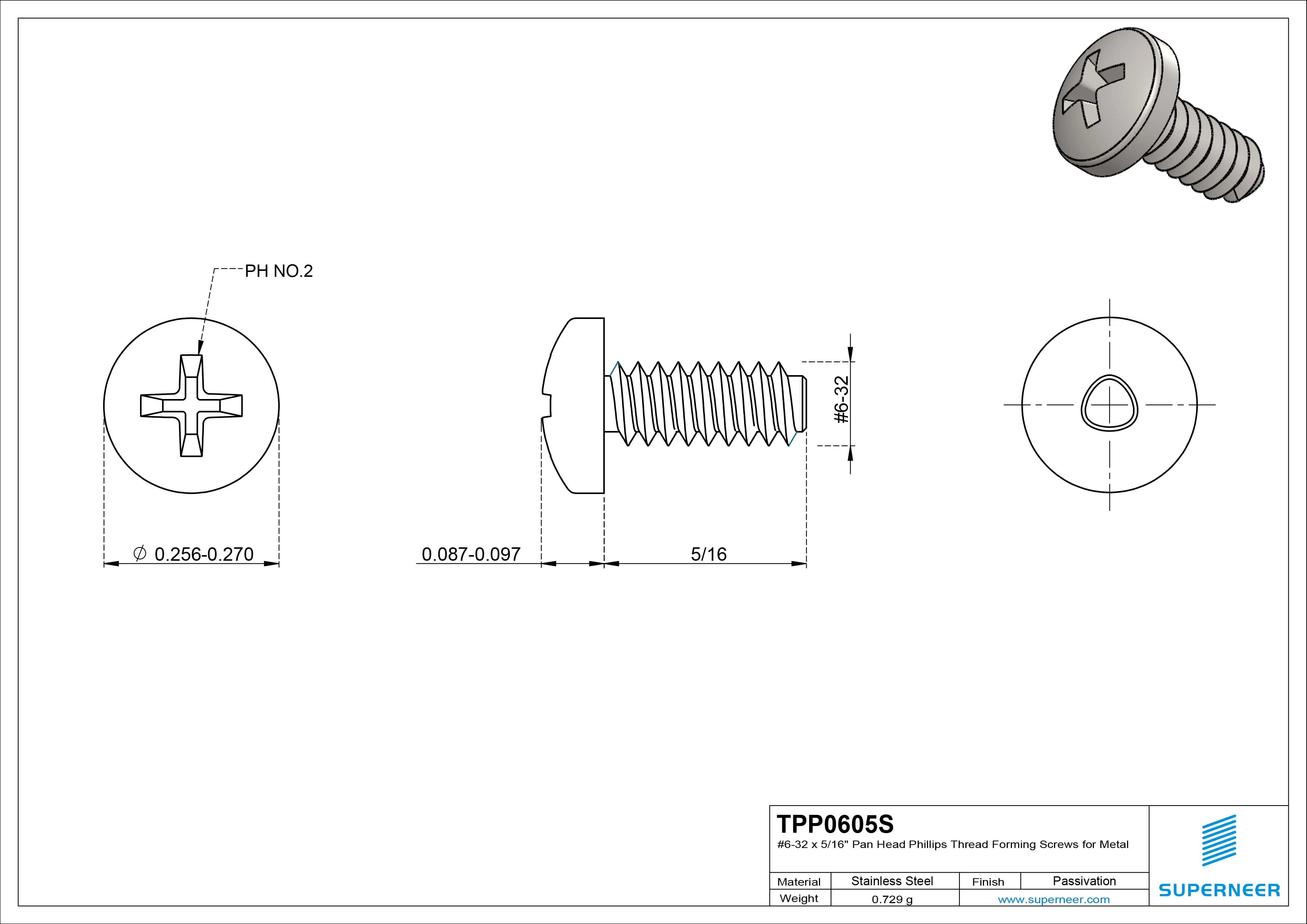 6-32 &times; 5/16 Pan Head Phillips Thread Forming  Screws for Metal  SUS304 Stainless Steel Inox