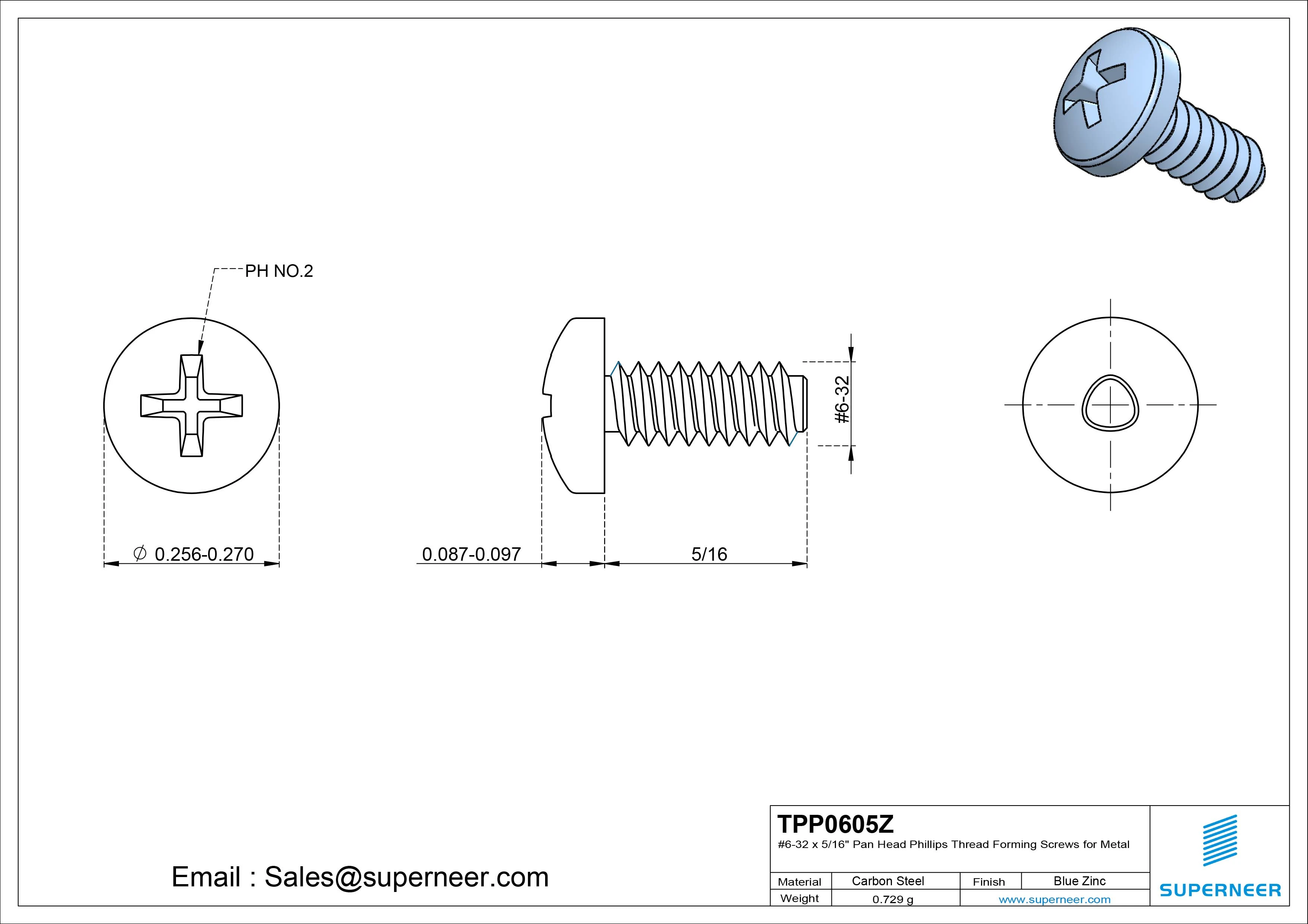 6-32 &times; 5/16 Pan Head Phillips Thread Forming  Screws for Metal  Steel Blue Zinc Plated