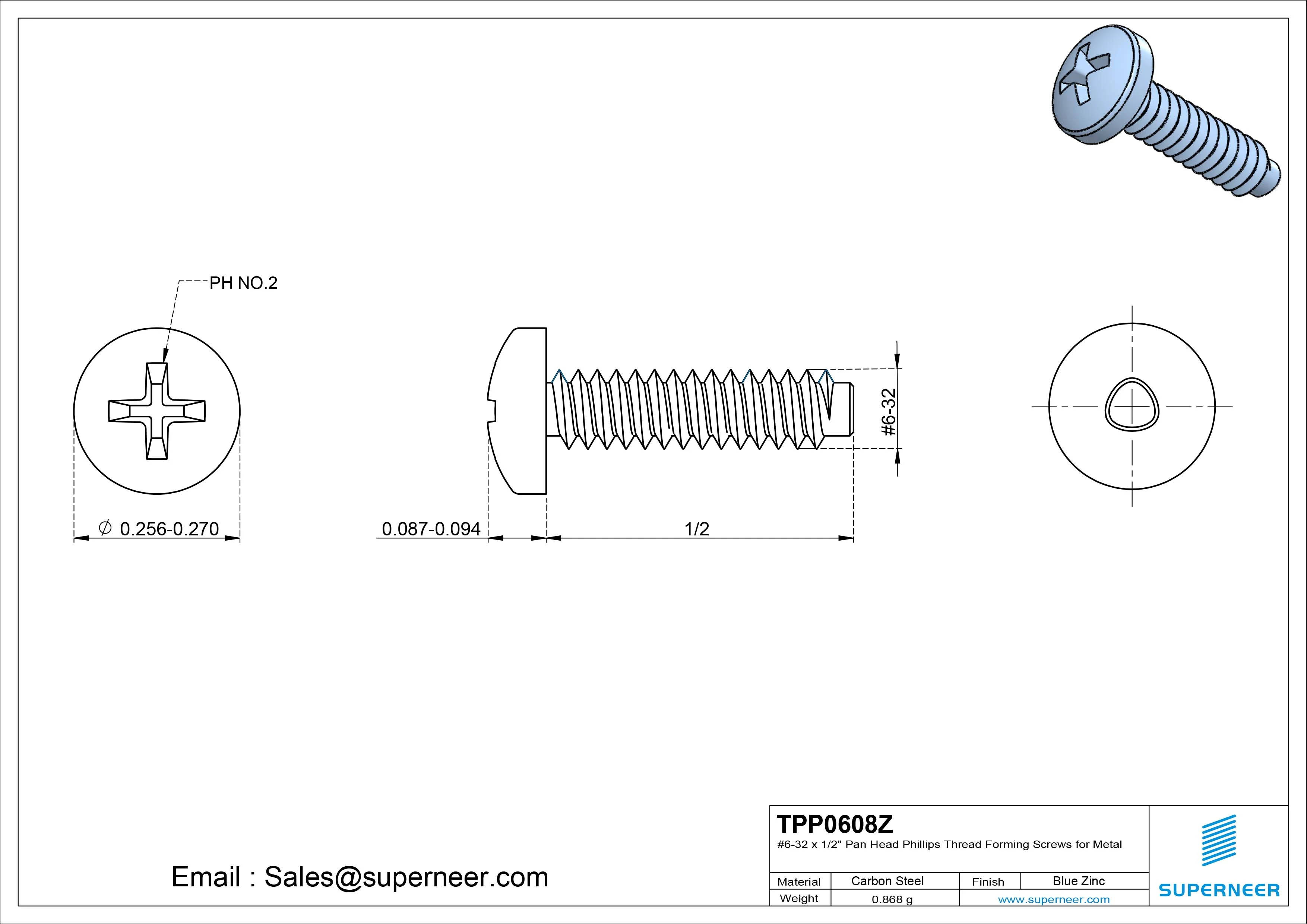 6-32 &times; 1/2 Pan Head Phillips Thread Forming  Screws for Metal  Steel Blue Zinc Plated