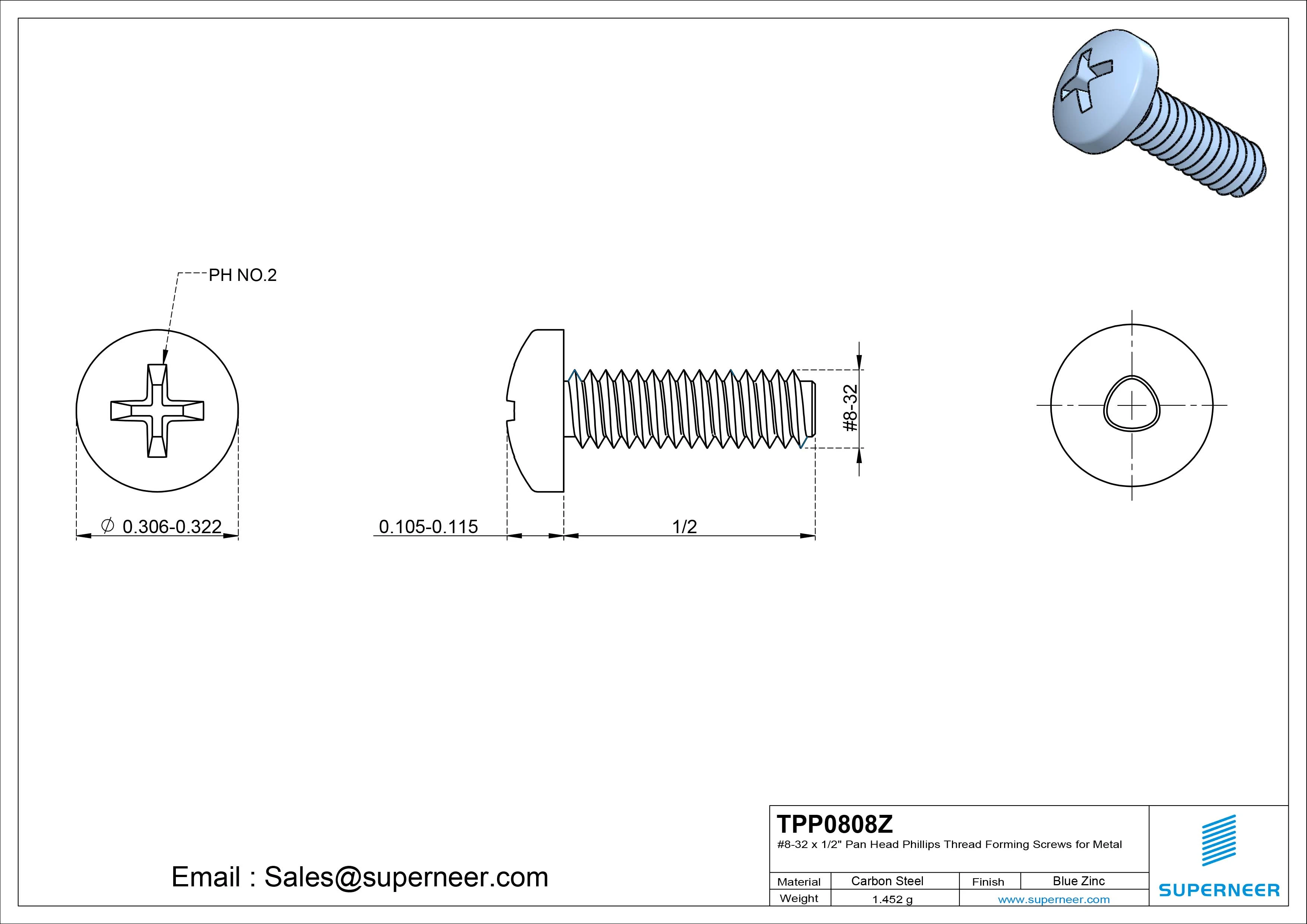 8-32 &times; 1/2 Pan Head Phillips Thread Forming  Screws for Metal  Steel Blue Zinc Plated