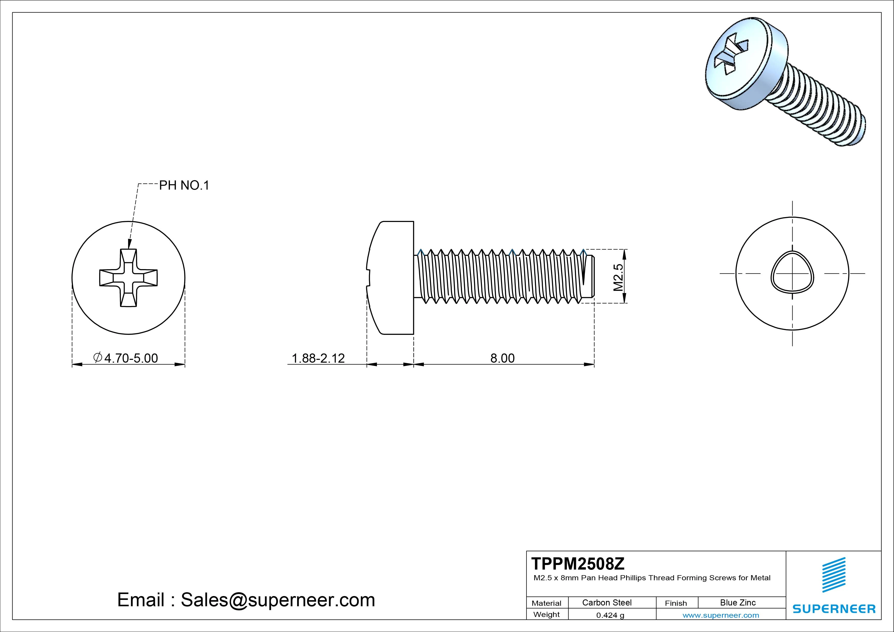 M2.5 &times; 8mm Pan Head Phillips Thread Forming Screws for Metal Steel Blue Zinc Plated