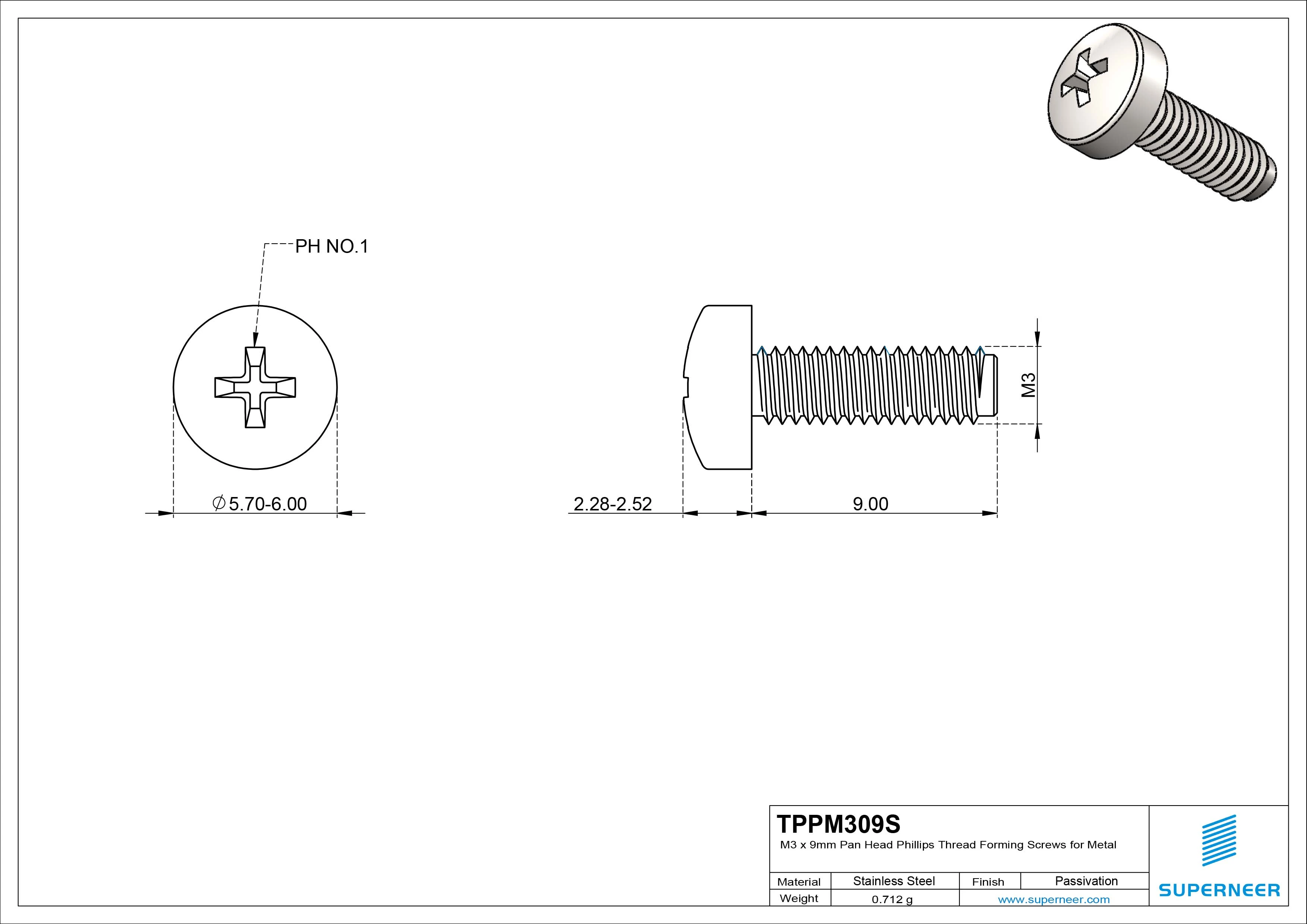 M3 &times; 9mm Pan Head Phillips Thread Forming Screws for Metal SUS304 Stainless Steel Inox