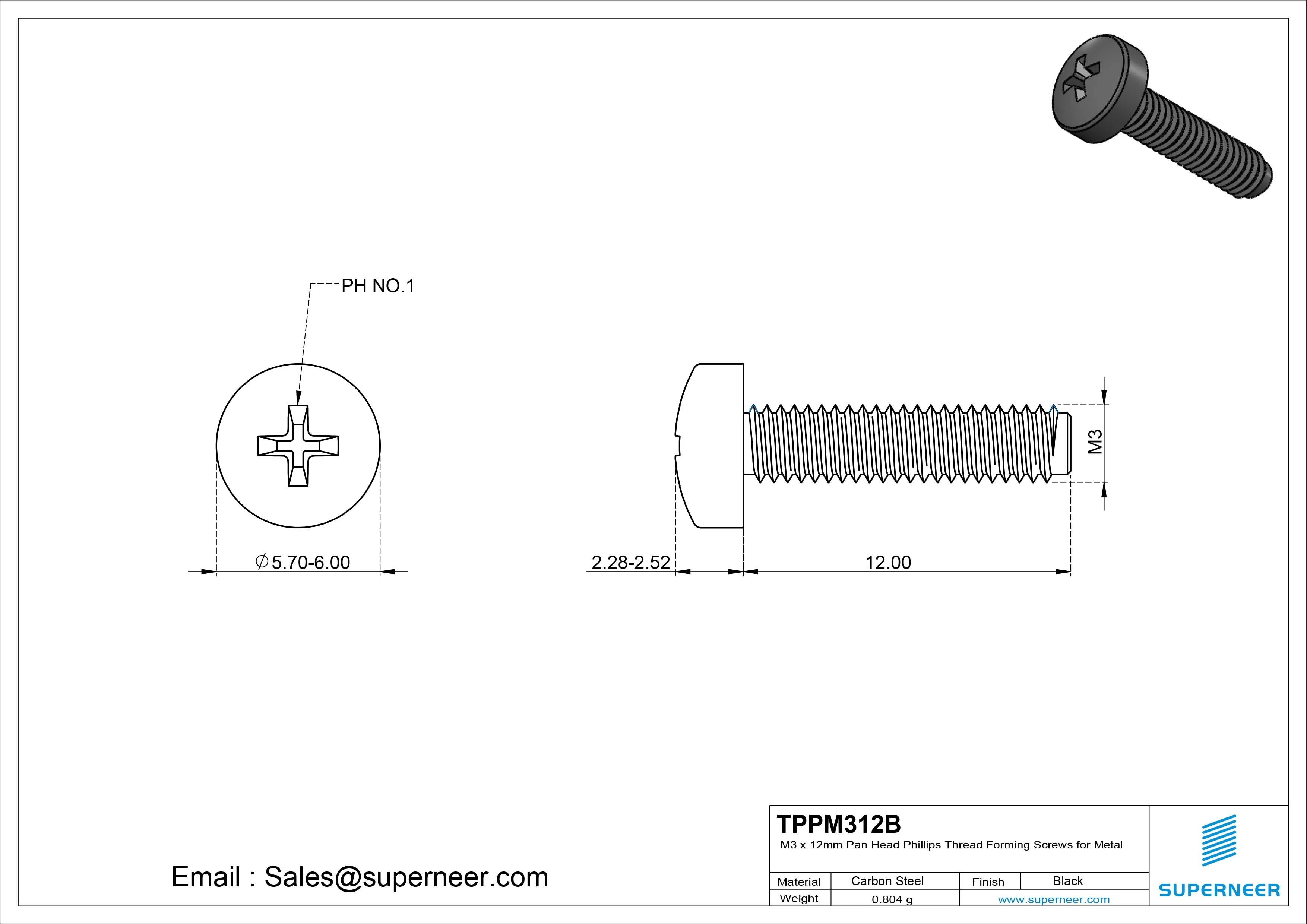 M3 &times; 12mm Pan Head Phillips Thread Forming Screws for Metal Steel Black