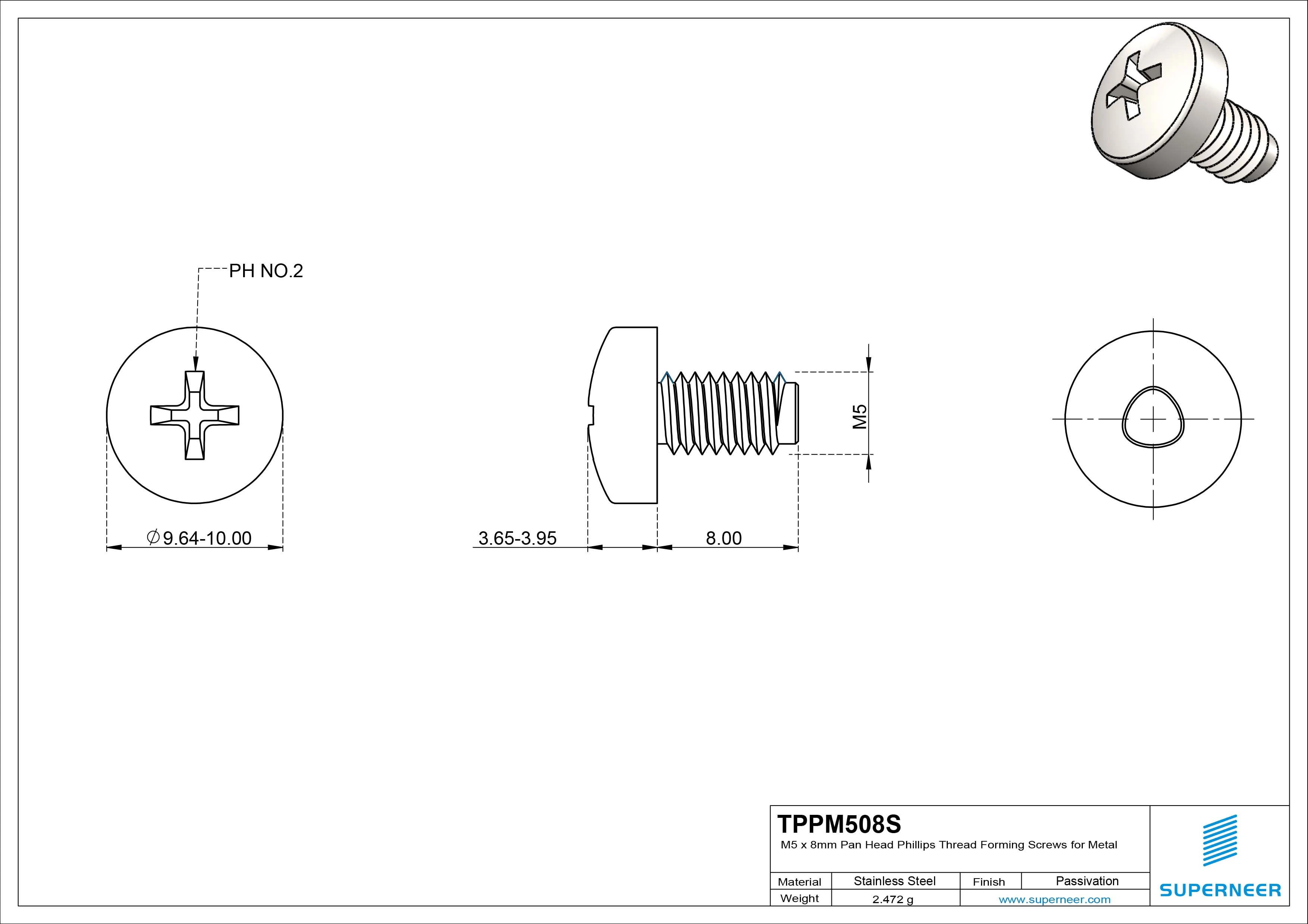 M5 &times; 8mm Pan Head Phillips Thread Forming Screws for Metal SUS304 Stainless Steel Inox