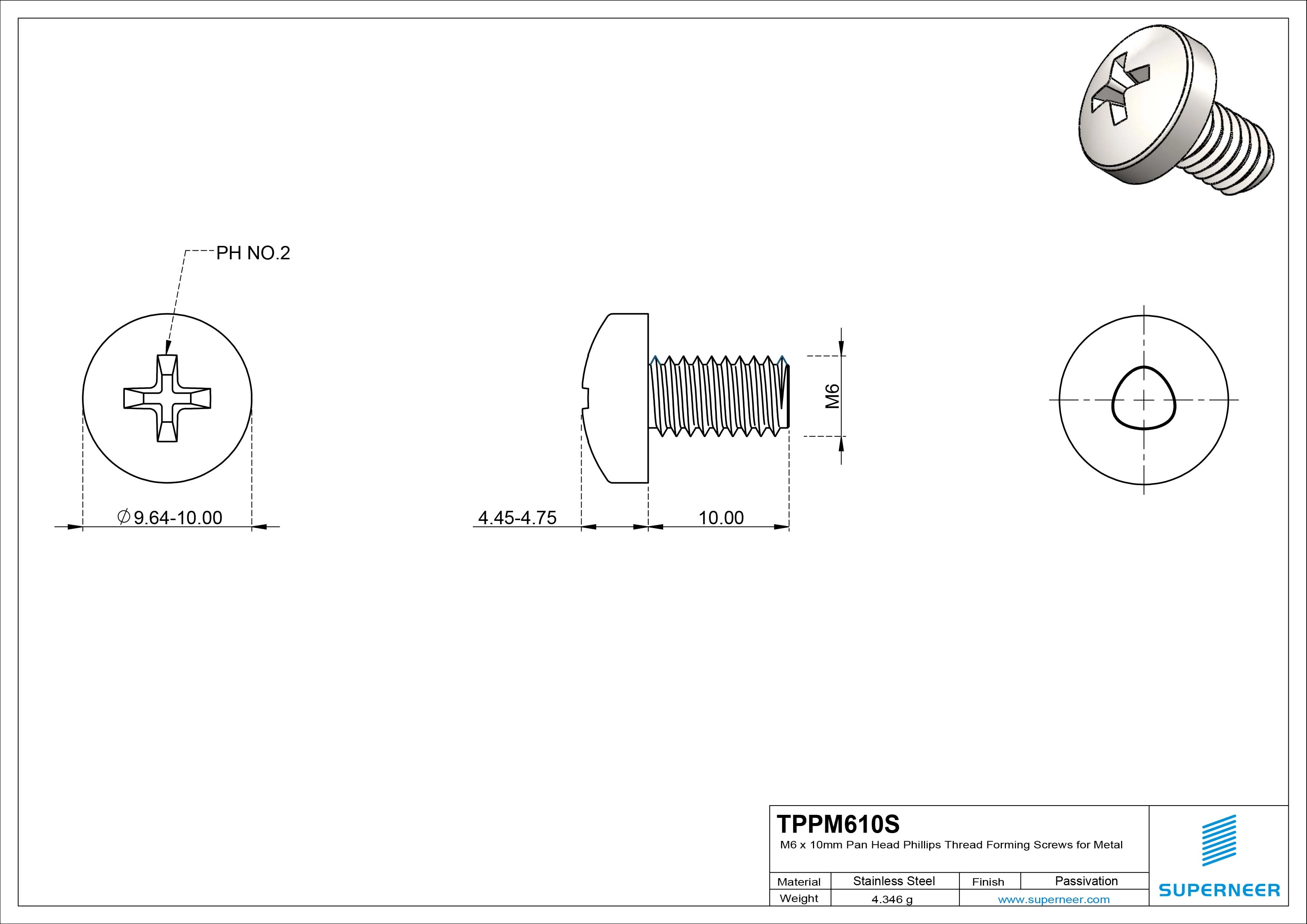 M6 &times; 10mm Pan Head Phillips Thread Forming Screws for Metal SUS304 Stainless Steel Inox