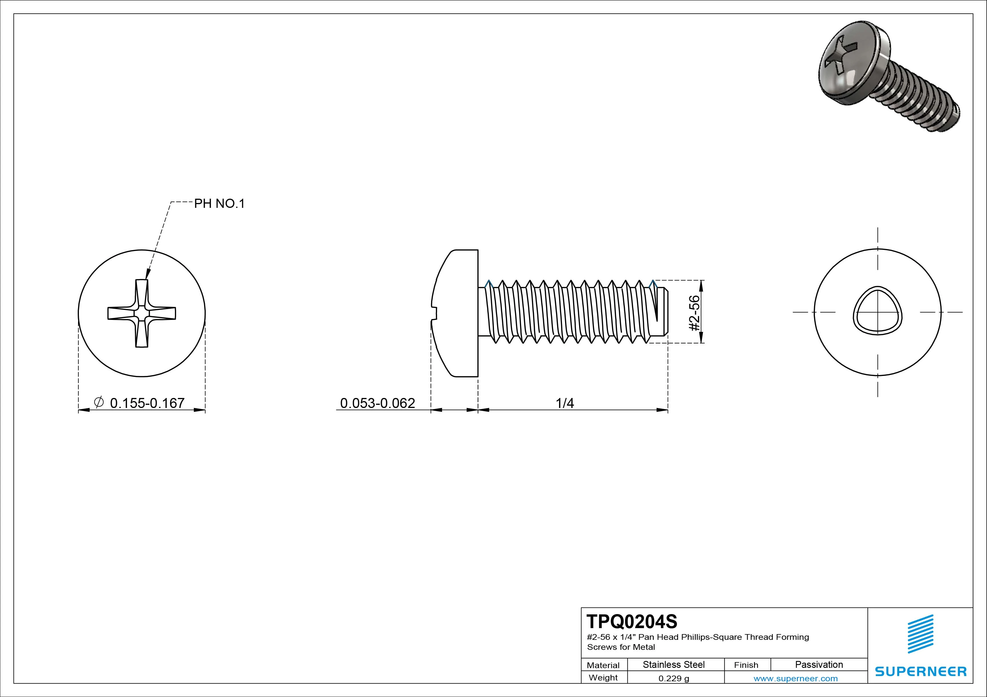 2-56 &times; 1/4 Pan Head Phillips Square Thread Forming  Screws for Metal  SUS304 Stainless Steel Inox
