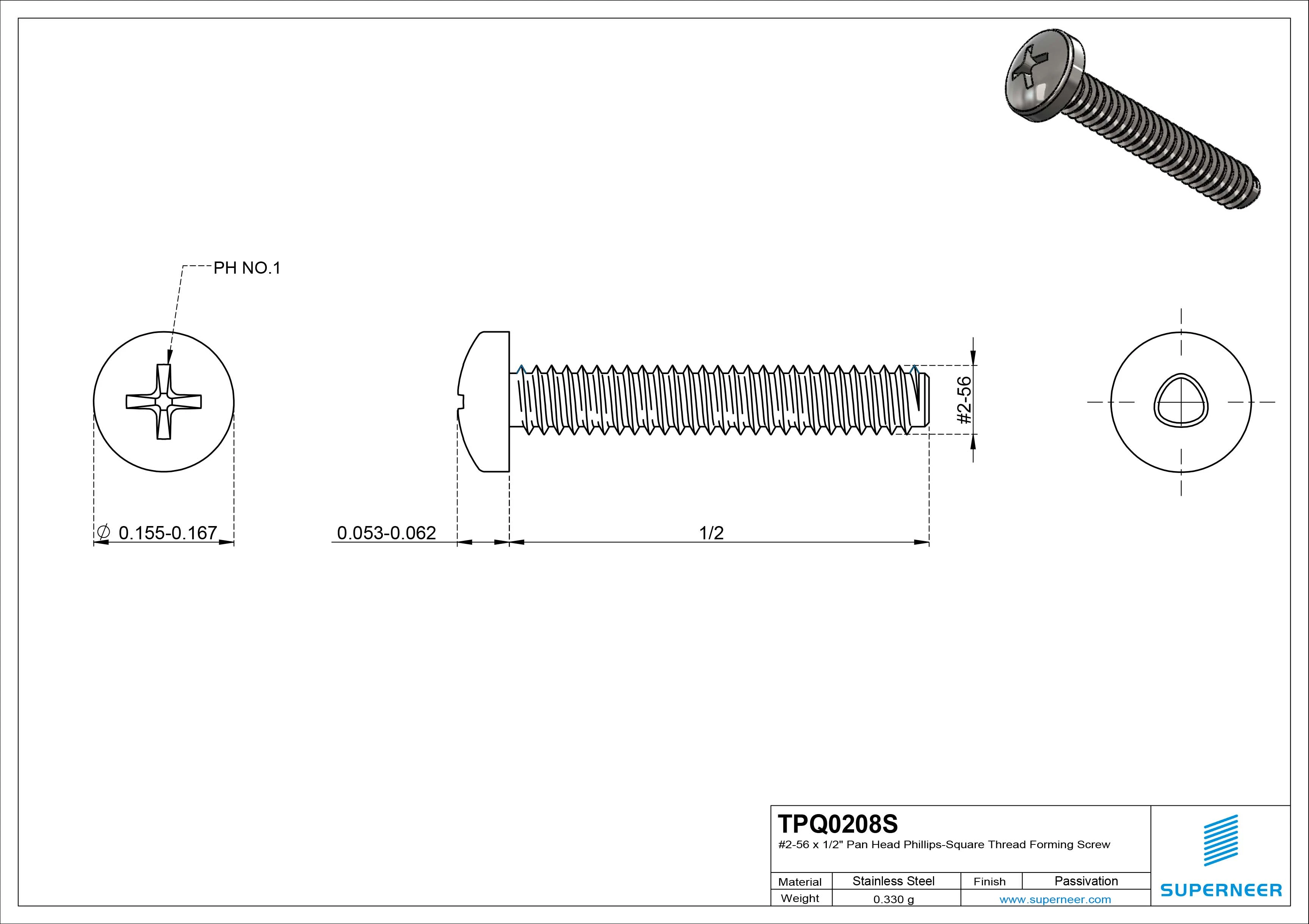 2-56 &times; 1/2 Pan Head Phillips Square Thread Forming  Screws for Metal  SUS304 Stainless Steel Inox