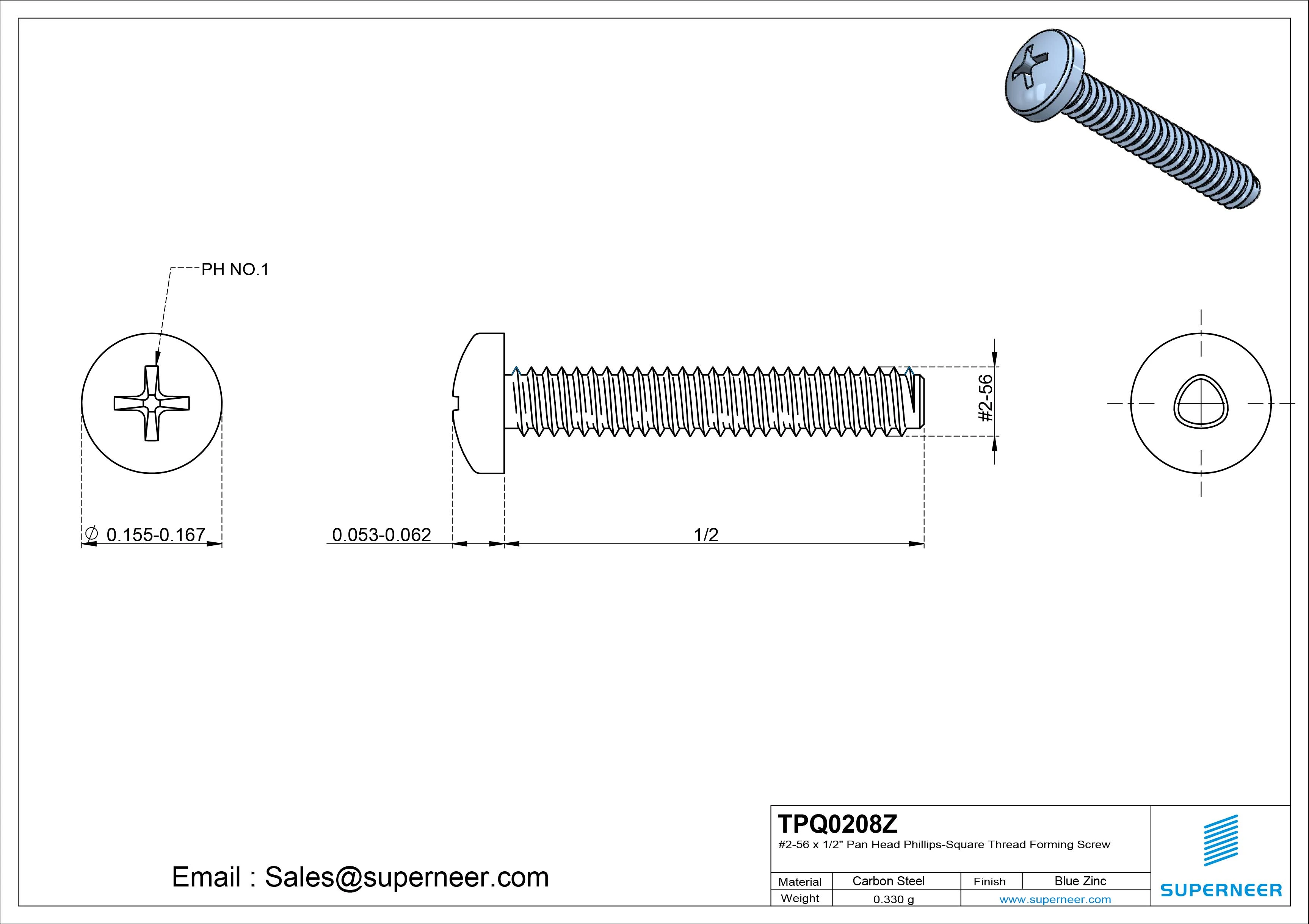 2-56 &times; 1/2 Pan Head Phillips Square Thread Forming  Screws for Metal  Steel Blue Zinc Plated