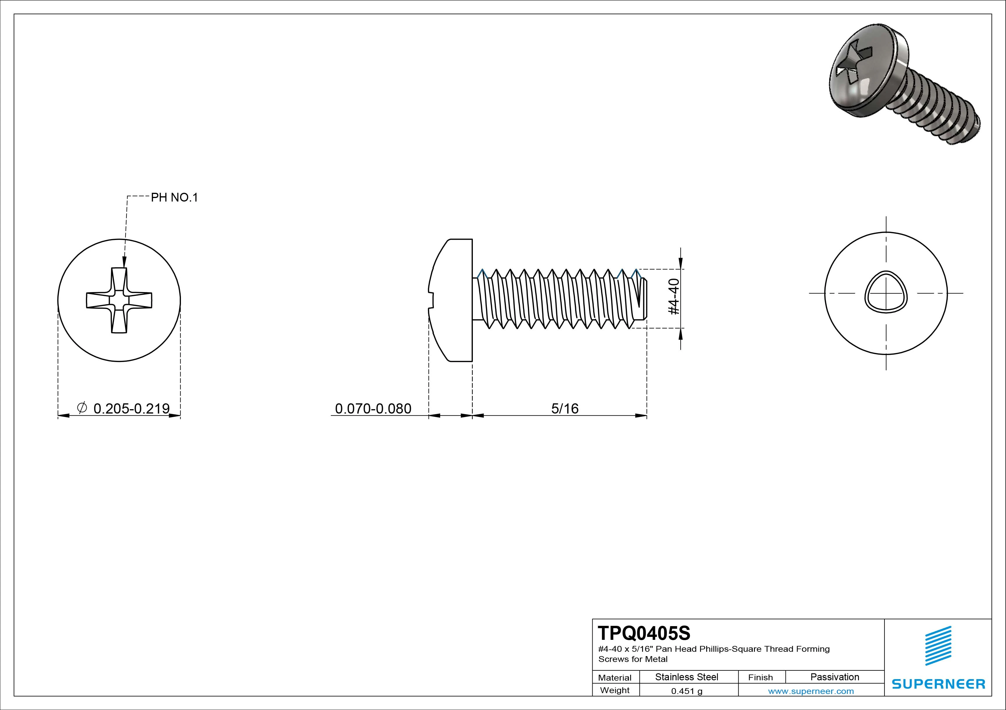 4-40 &times; 5/16 Pan Head Phillips Square Thread Forming  Screws for Metal  SUS304 Stainless Steel Inox