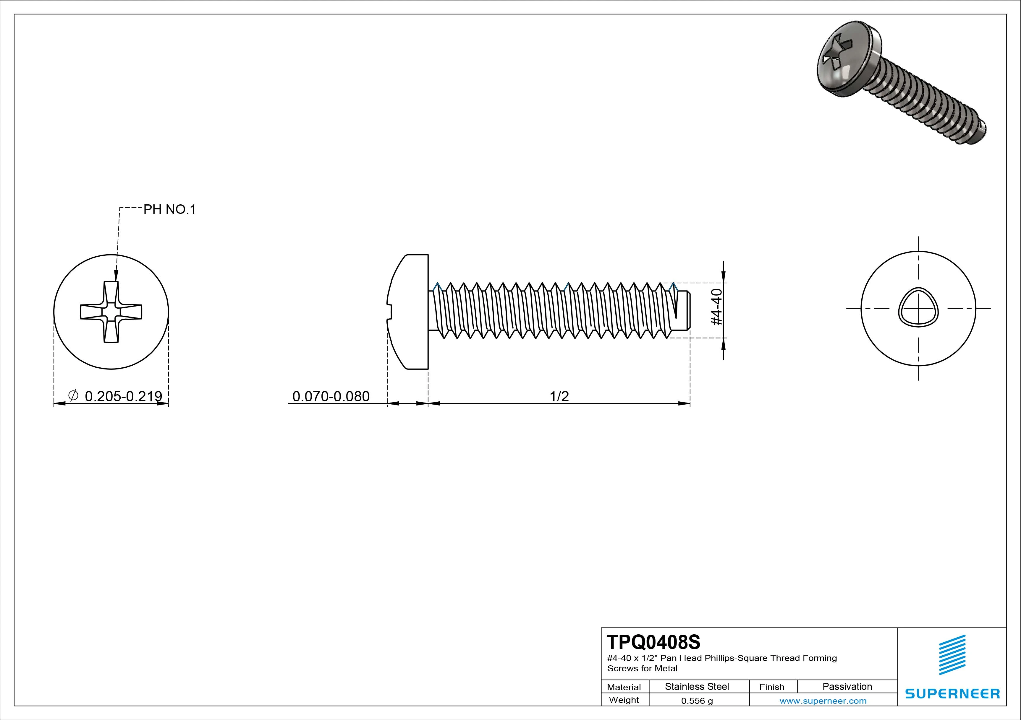4-40 &times; 1/2 Pan Head Phillips Square Thread Forming  Screws for Metal  SUS304 Stainless Steel Inox