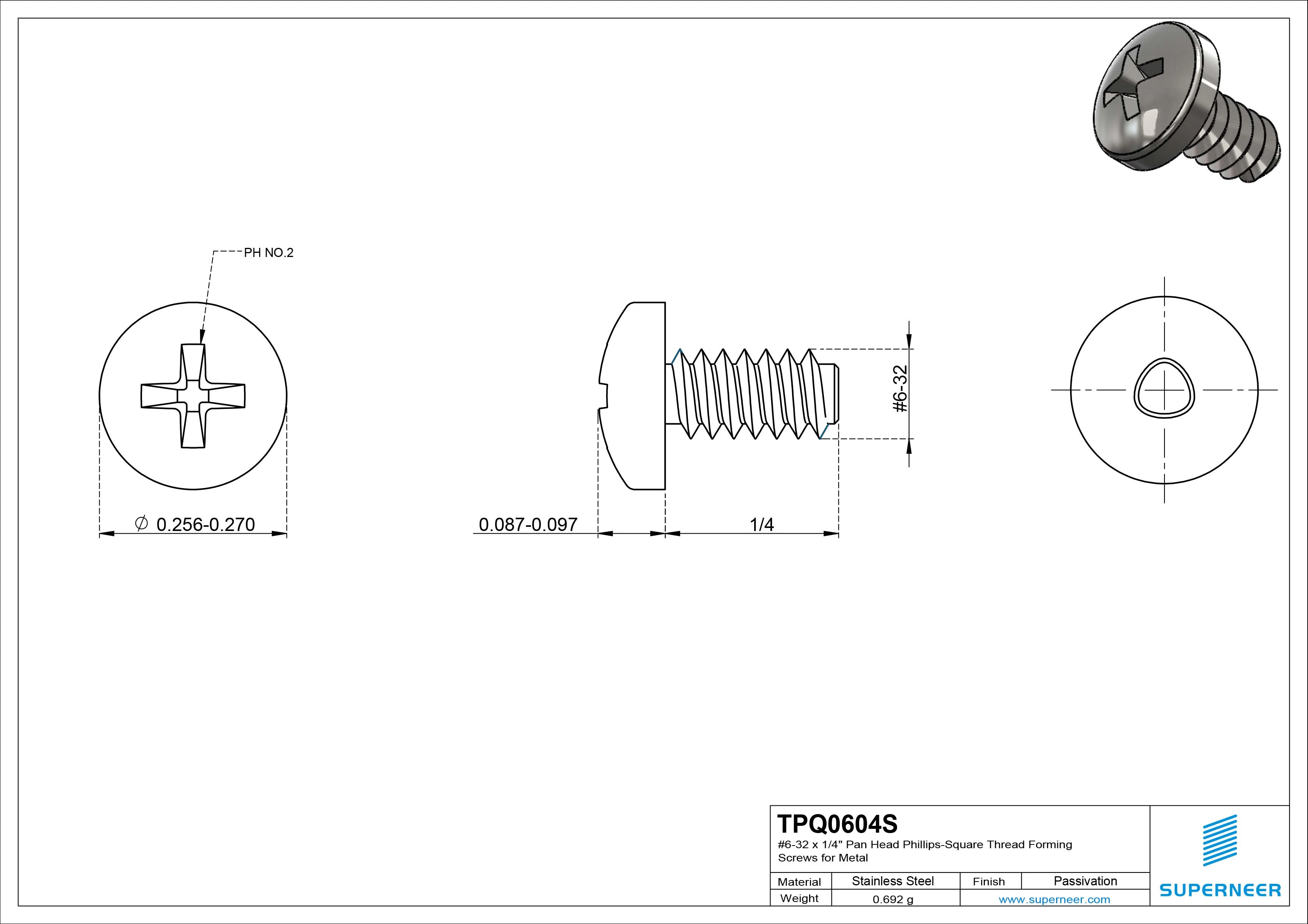 6-32 &times; 1/4 Pan Head Phillips Square Thread Forming  Screws for Metal  SUS304 Stainless Steel Inox