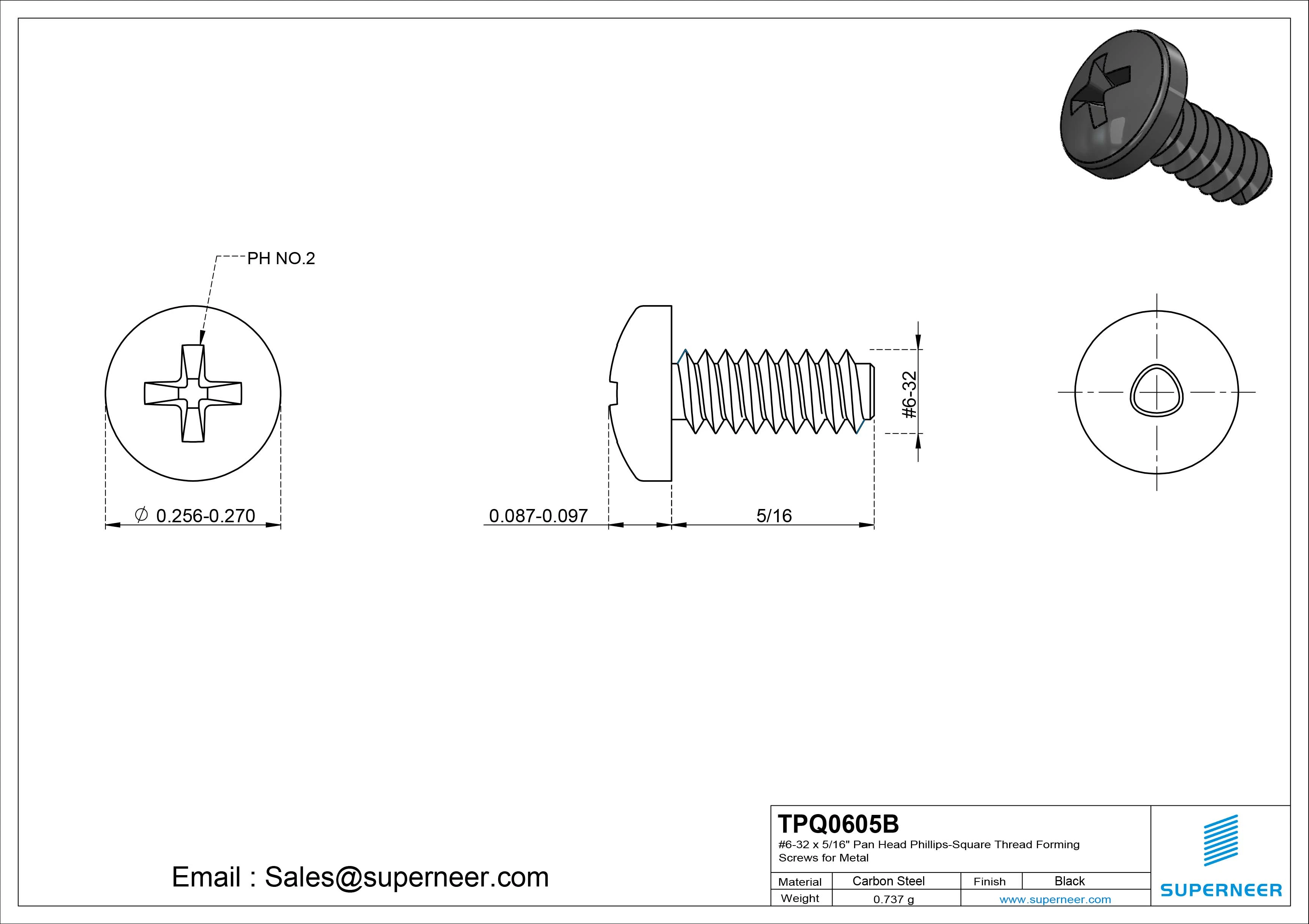 6-32 &times; 5/16 Pan Head Phillips Square Thread Forming  Screws for Metal  Steel Black