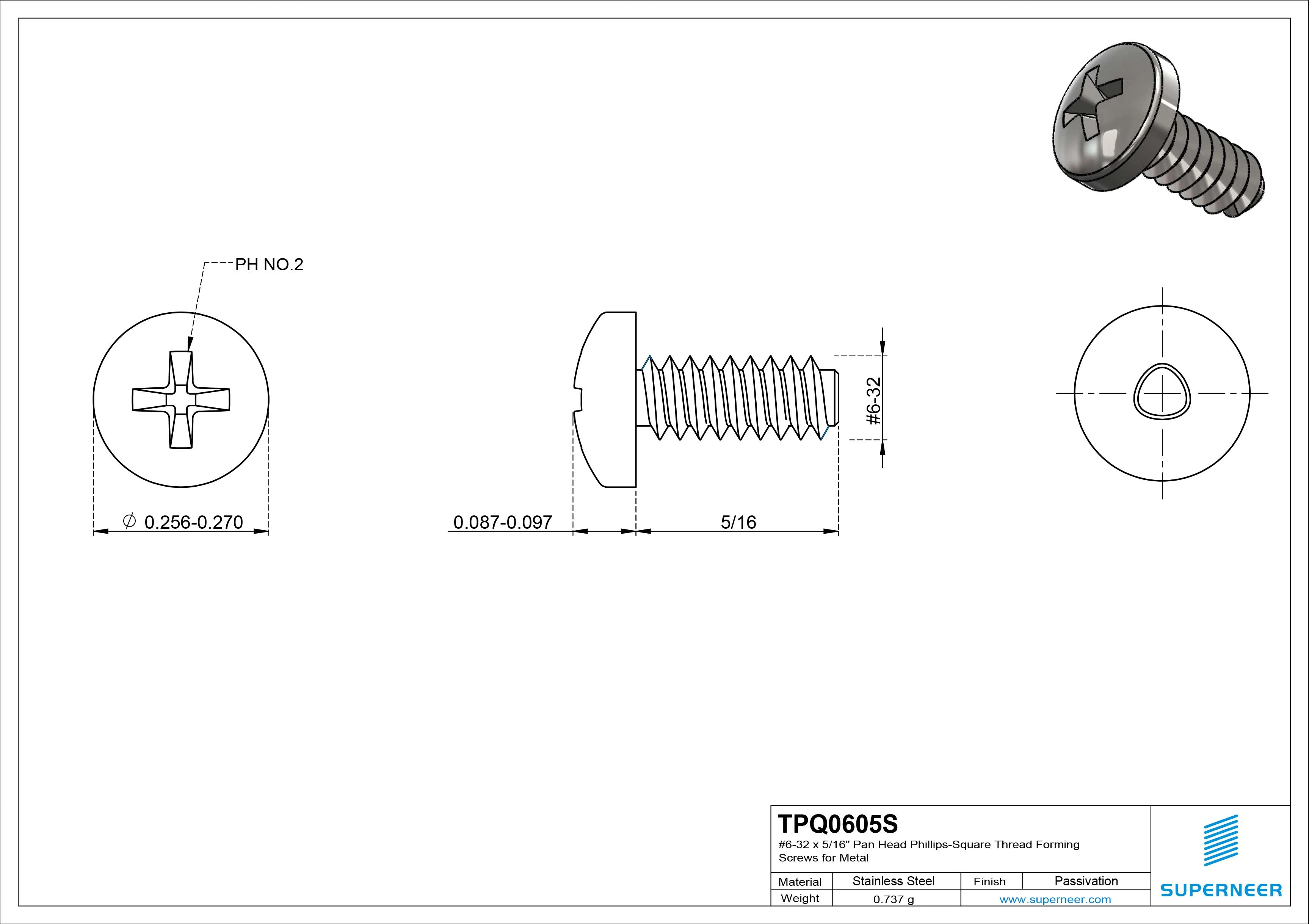 6-32 &times; 5/16 Pan Head Phillips Square Thread Forming  Screws for Metal  SUS304 Stainless Steel Inox