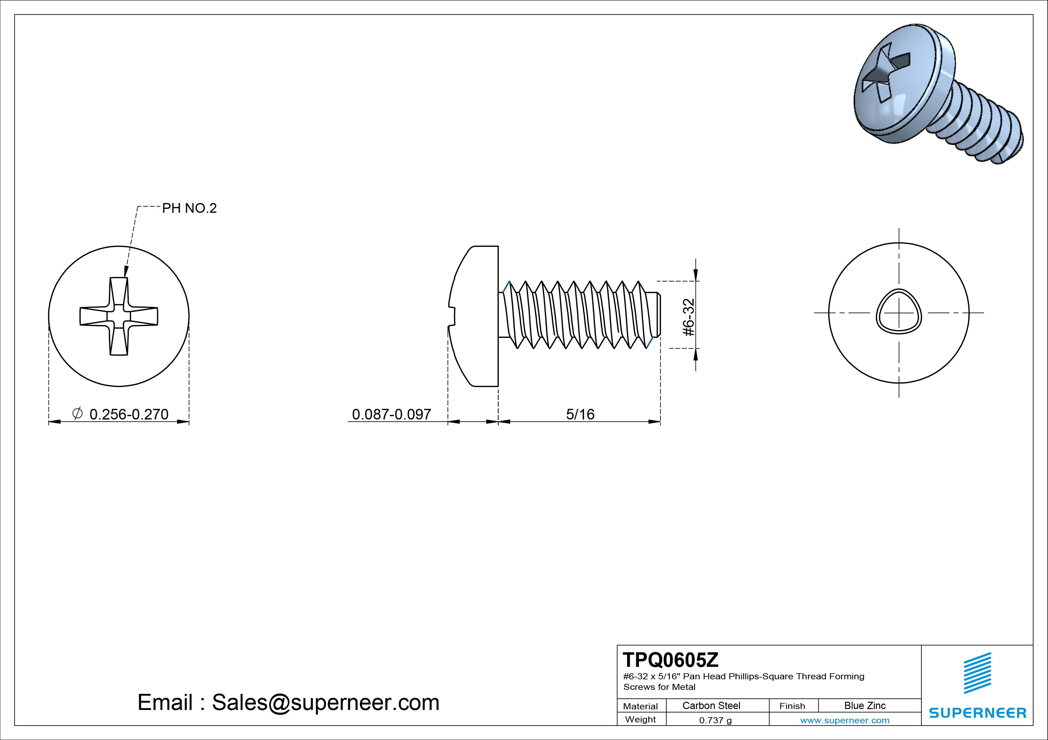 6-32 &times; 5/16 Pan Head Phillips Square Thread Forming  Screws for Metal  Steel Blue Zinc Plated