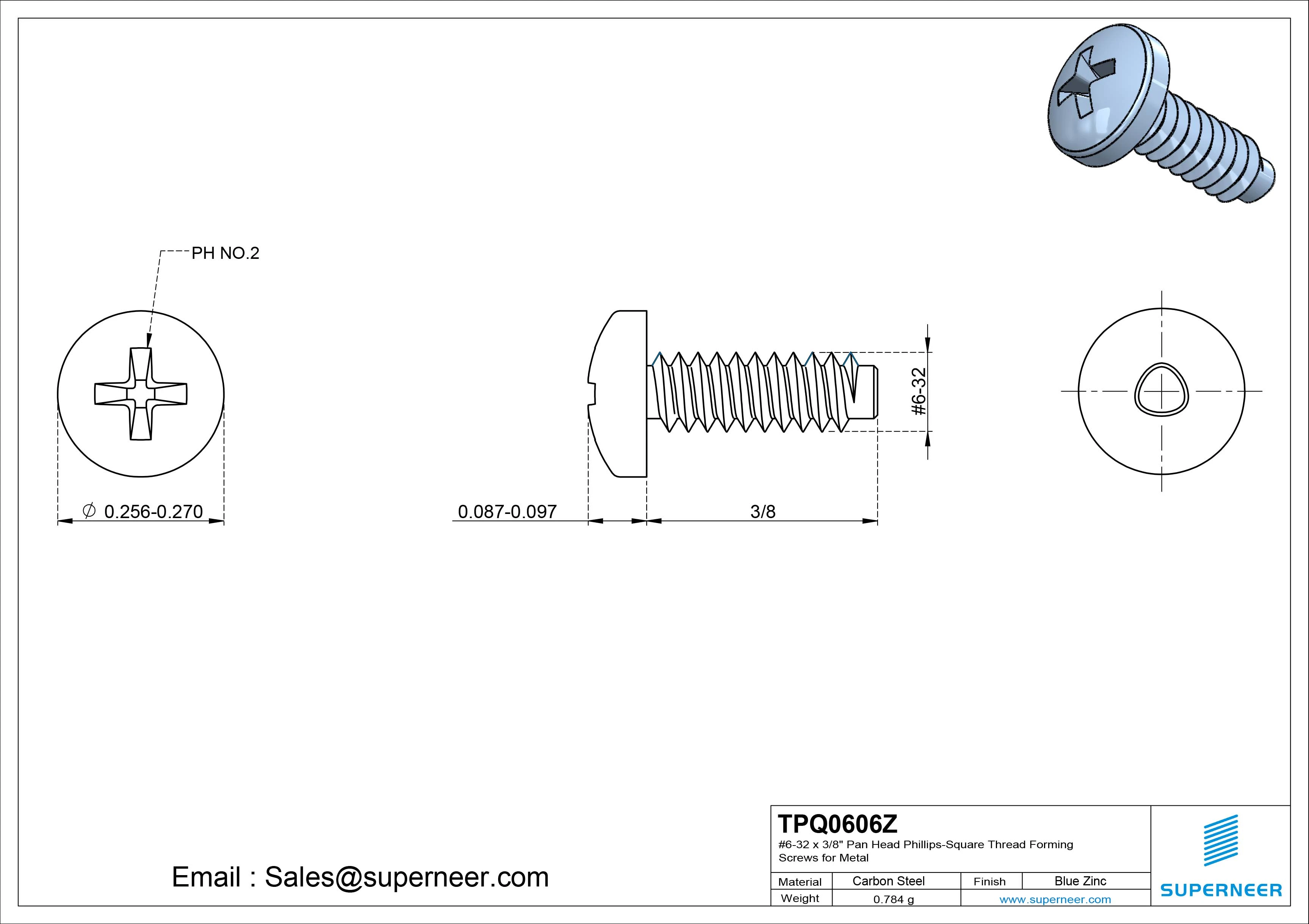 6-32 &times; 3/8 Pan Head Phillips Square Thread Forming  Screws for Metal  Steel Blue Zinc Plated