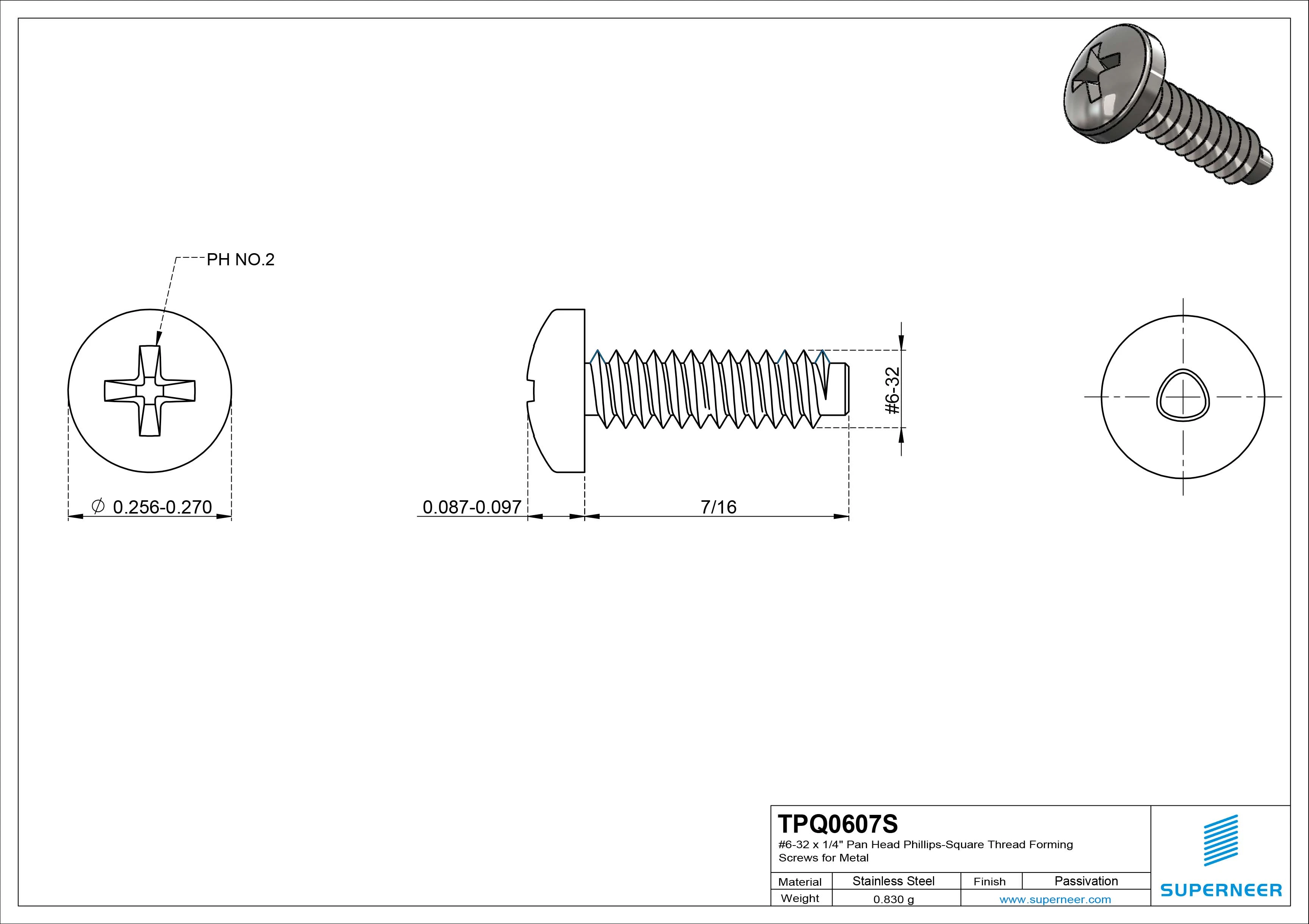 6-32 &times; 7/16 Pan Head Phillips Square Thread Forming  Screws for Metal  SUS304 Stainless Steel Inox