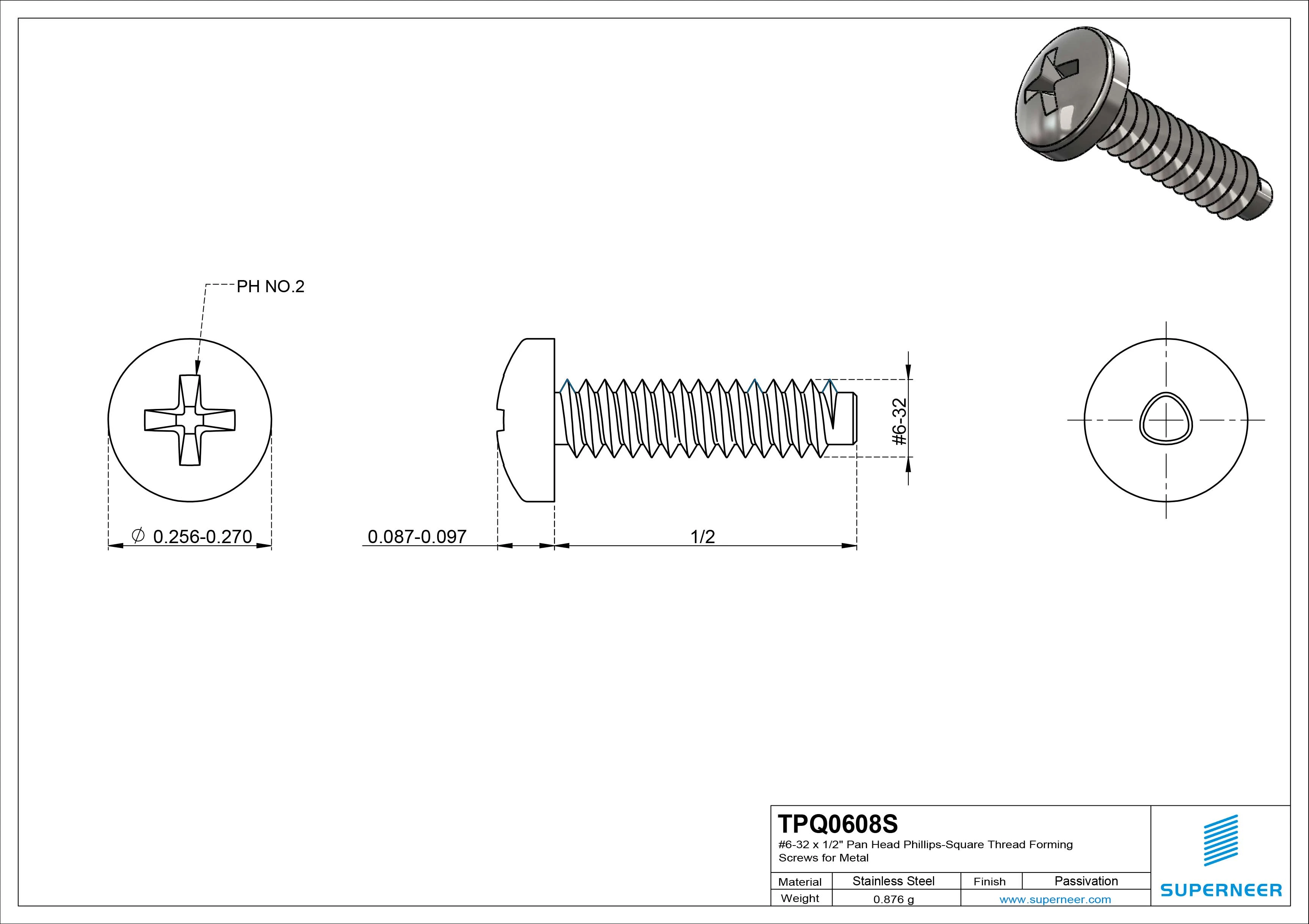 6-32 &times; 1/2 Pan Head Phillips Square Thread Forming  Screws for Metal  SUS304 Stainless Steel Inox