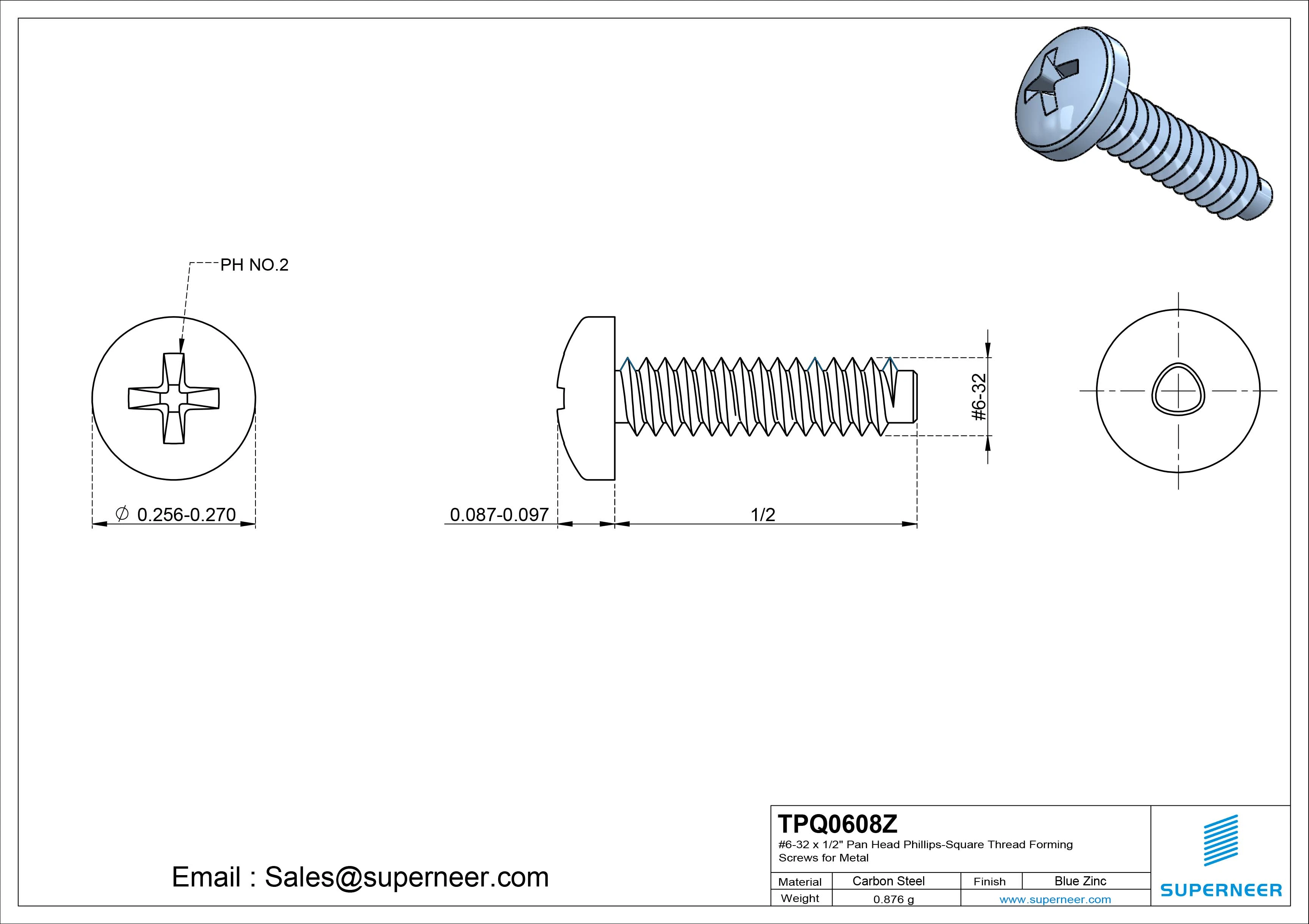 6-32 &times; 1/2 Pan Head Phillips Square Thread Forming  Screws for Metal  Steel Blue Zinc Plated