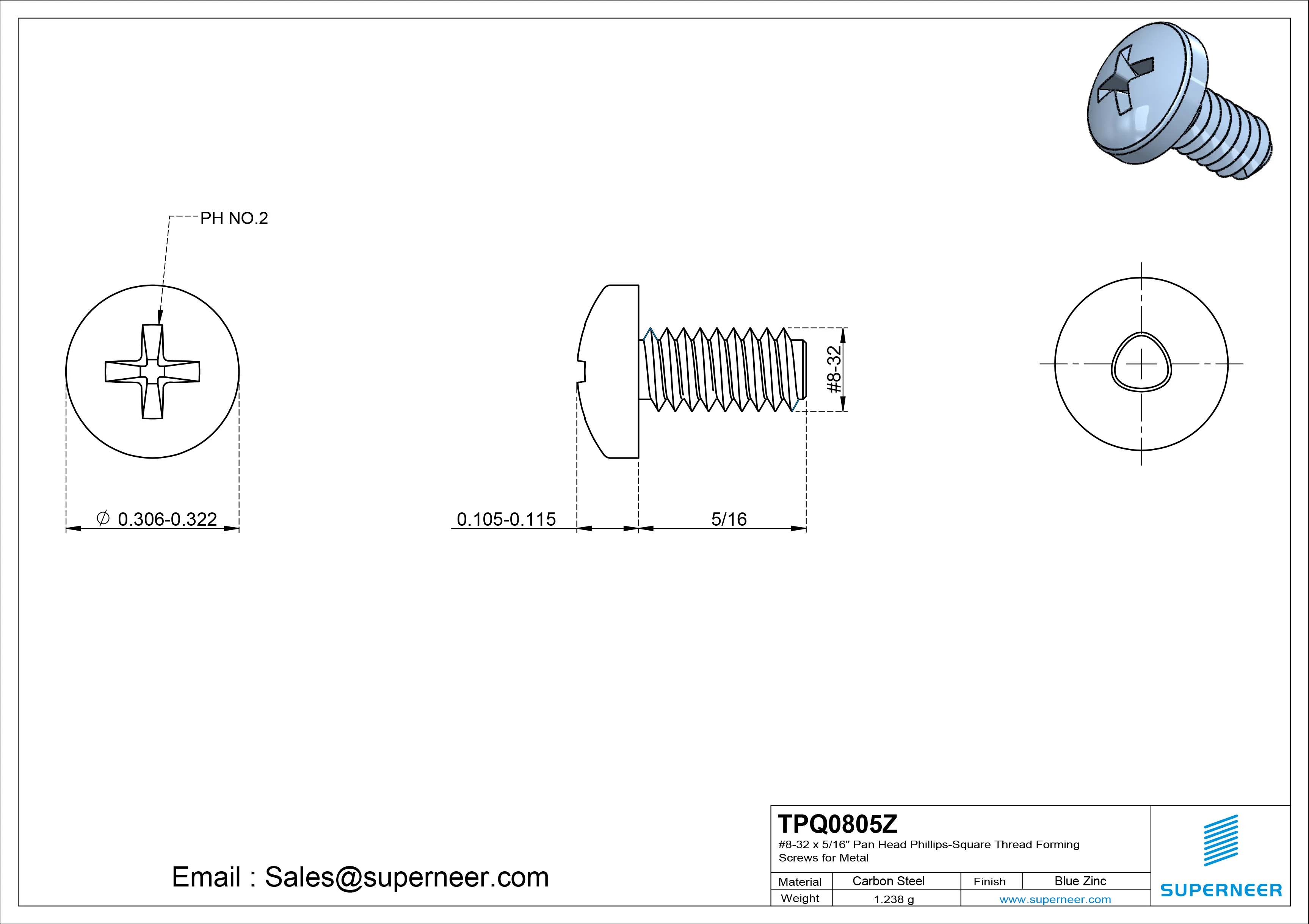 8-32 &times; 5/16 Pan Head Phillips Square Thread Forming  Screws for Metal  Steel Blue Zinc Plated