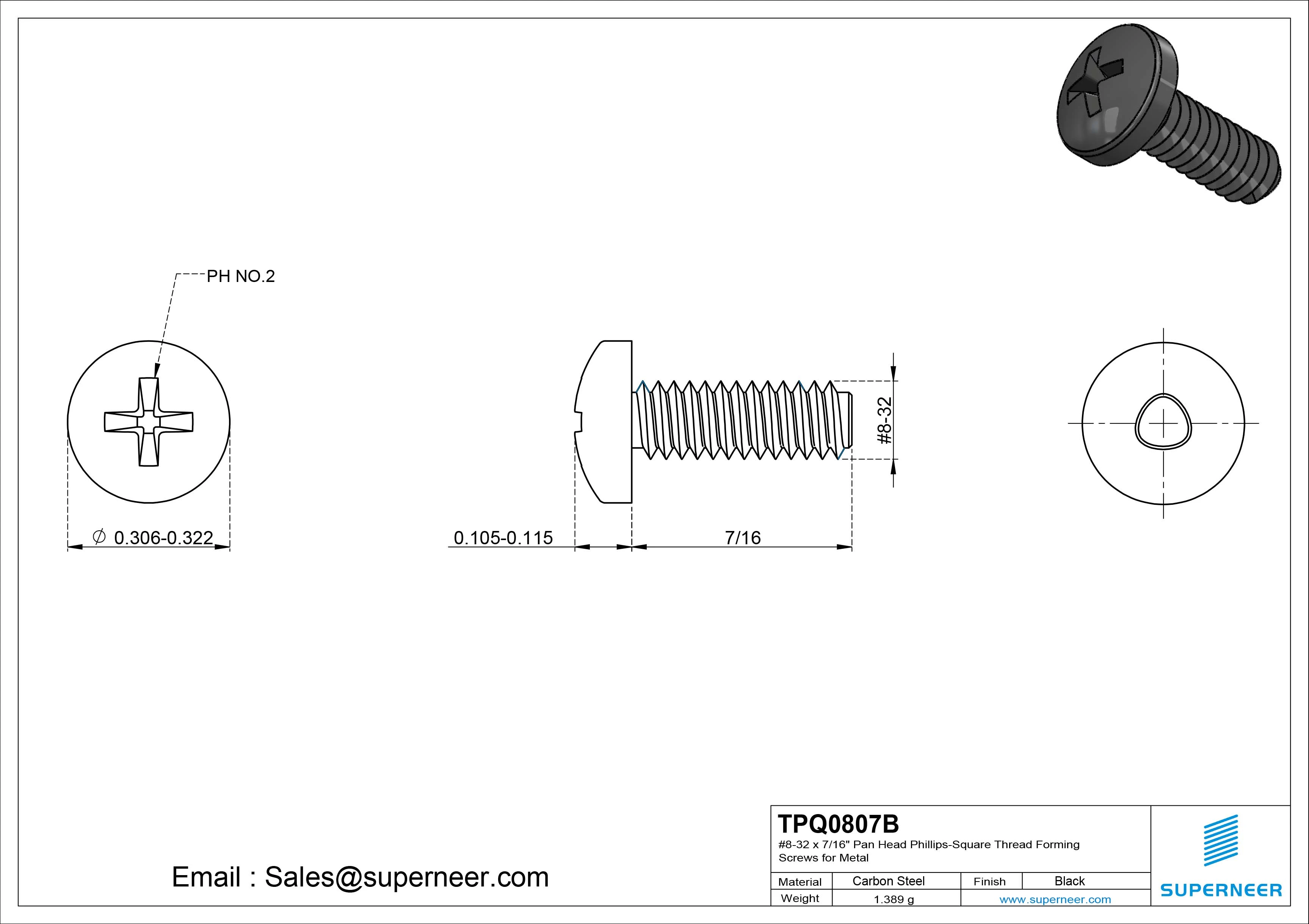 8-32 &times; 7/16 Pan Head Phillips Square Thread Forming  Screws for Metal  Steel Black