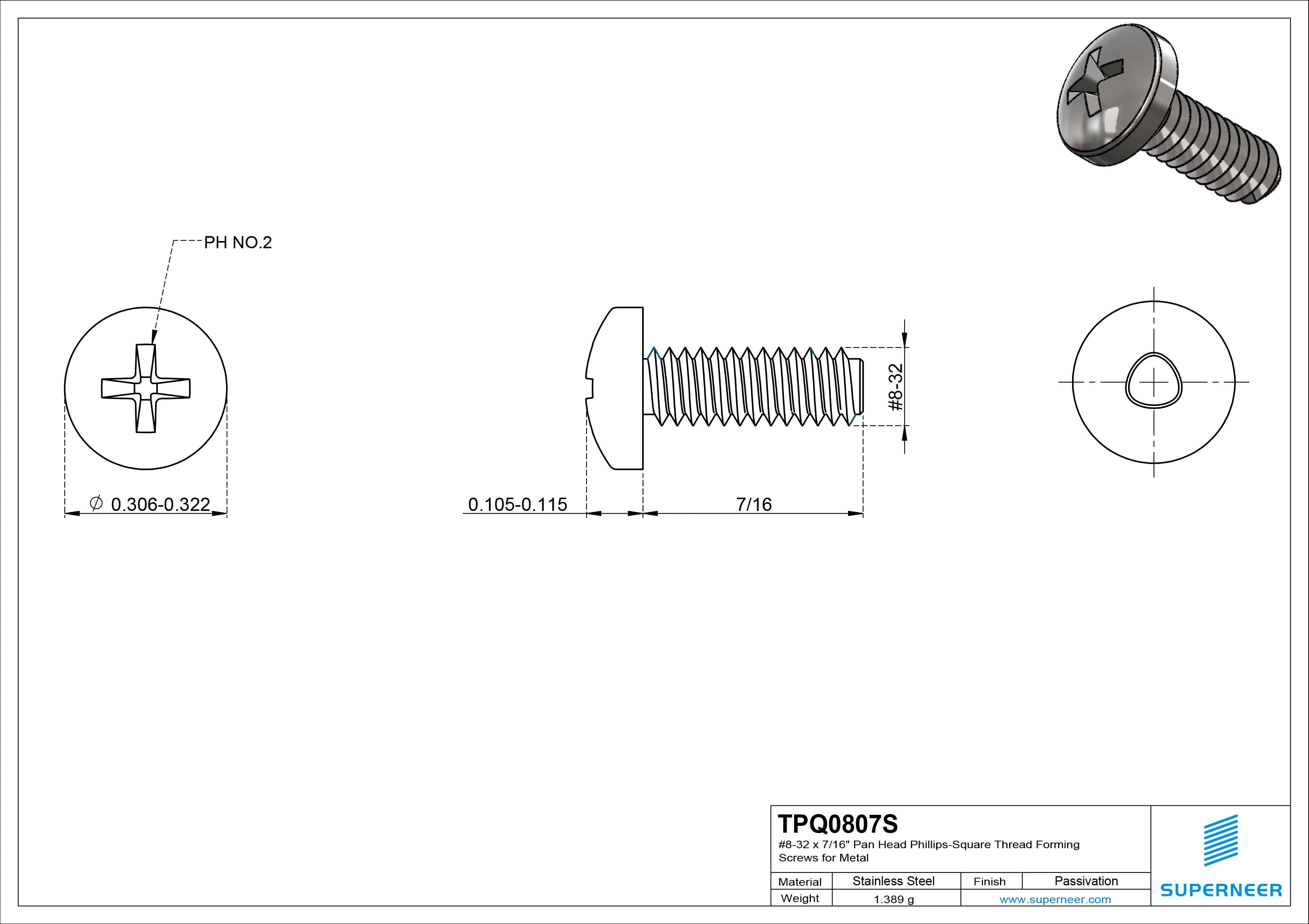 8-32 &times; 7/16 Pan Head Phillips Square Thread Forming  Screws for Metal  SUS304 Stainless Steel Inox