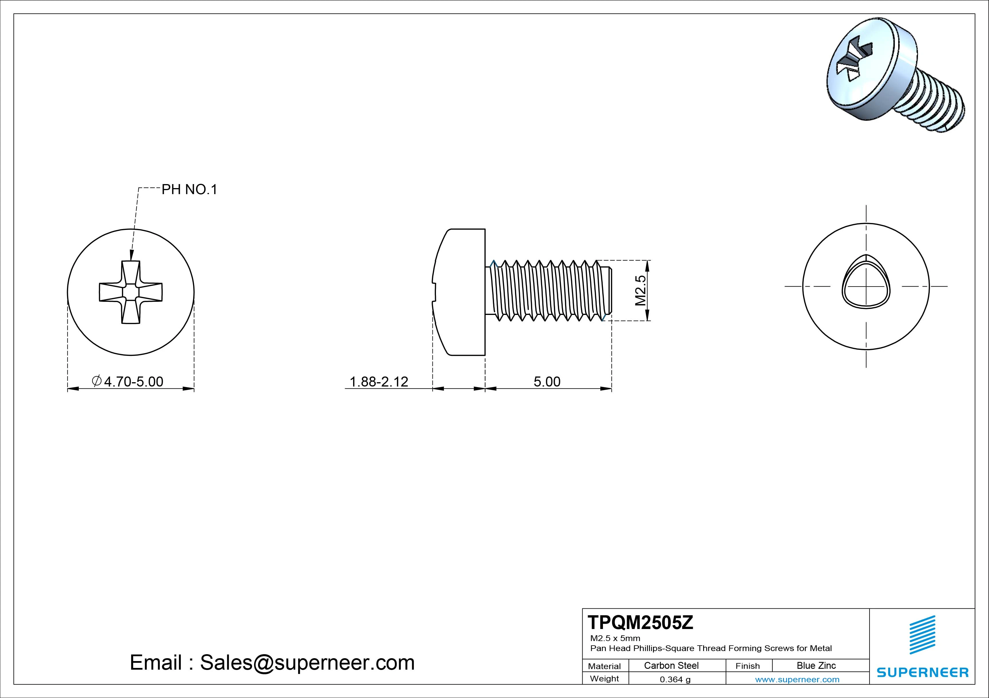 M2.5 &times; 5mm Pan Head Phillips-Square Thread Forming Screws for Metal Steel Blue Zinc Plated