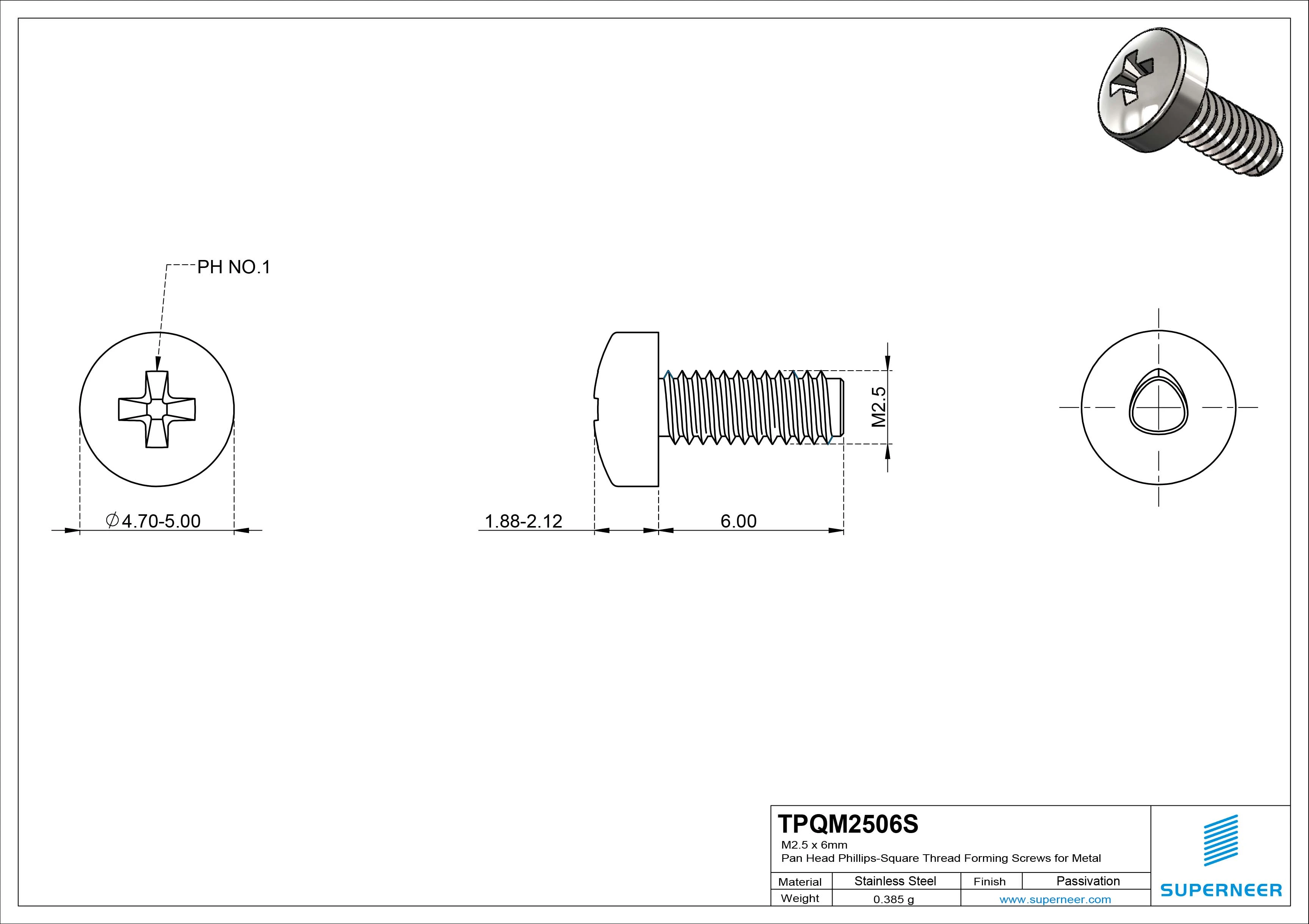 M2.5 &times; 6mm Pan Head Phillips-Square Thread Forming Screws for Metal SUS304 Stainless Steel Inox