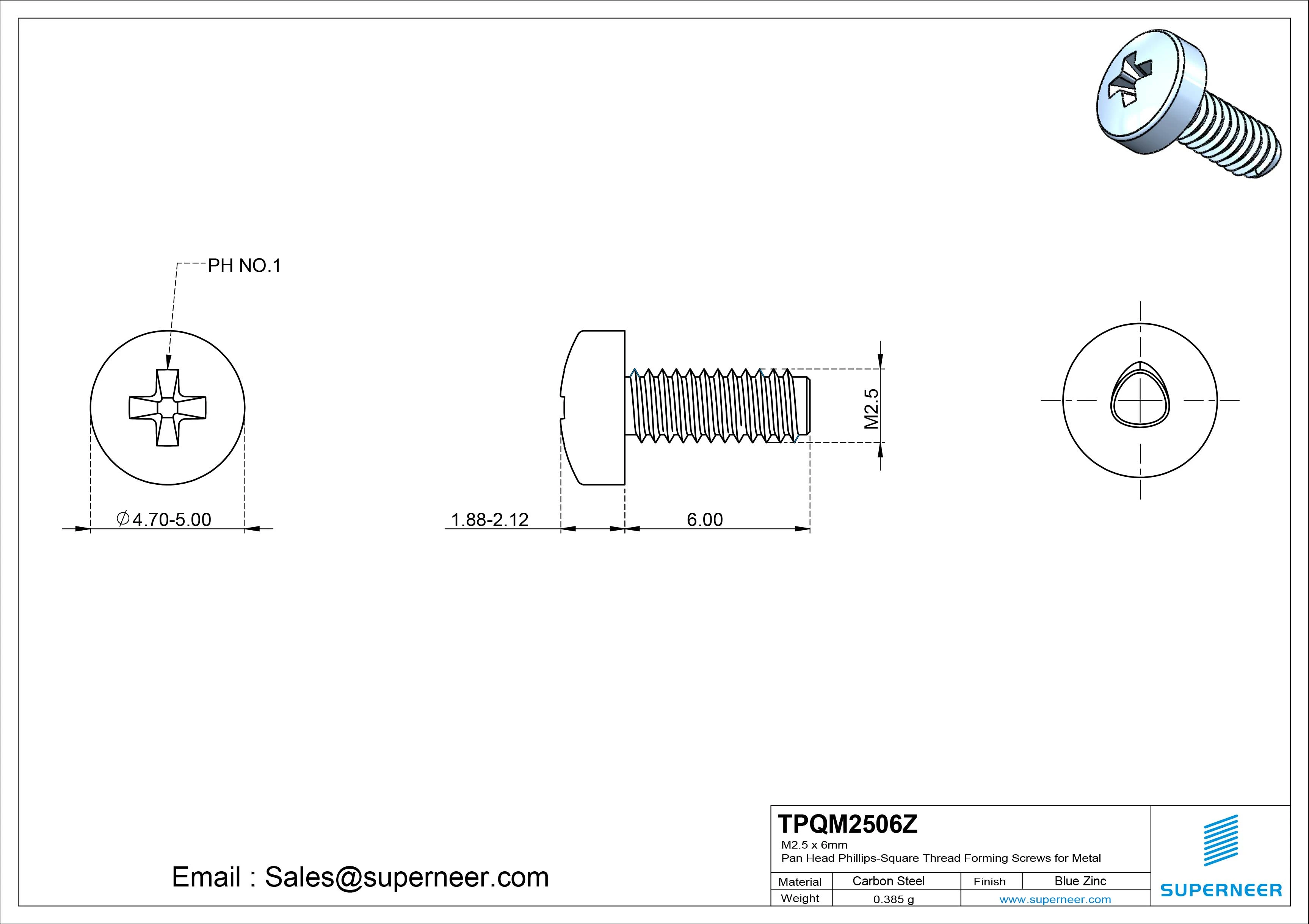 M2.5 &times; 6mm Pan Head Phillips-Square Thread Forming Screws for Metal Steel Blue Zinc Plated