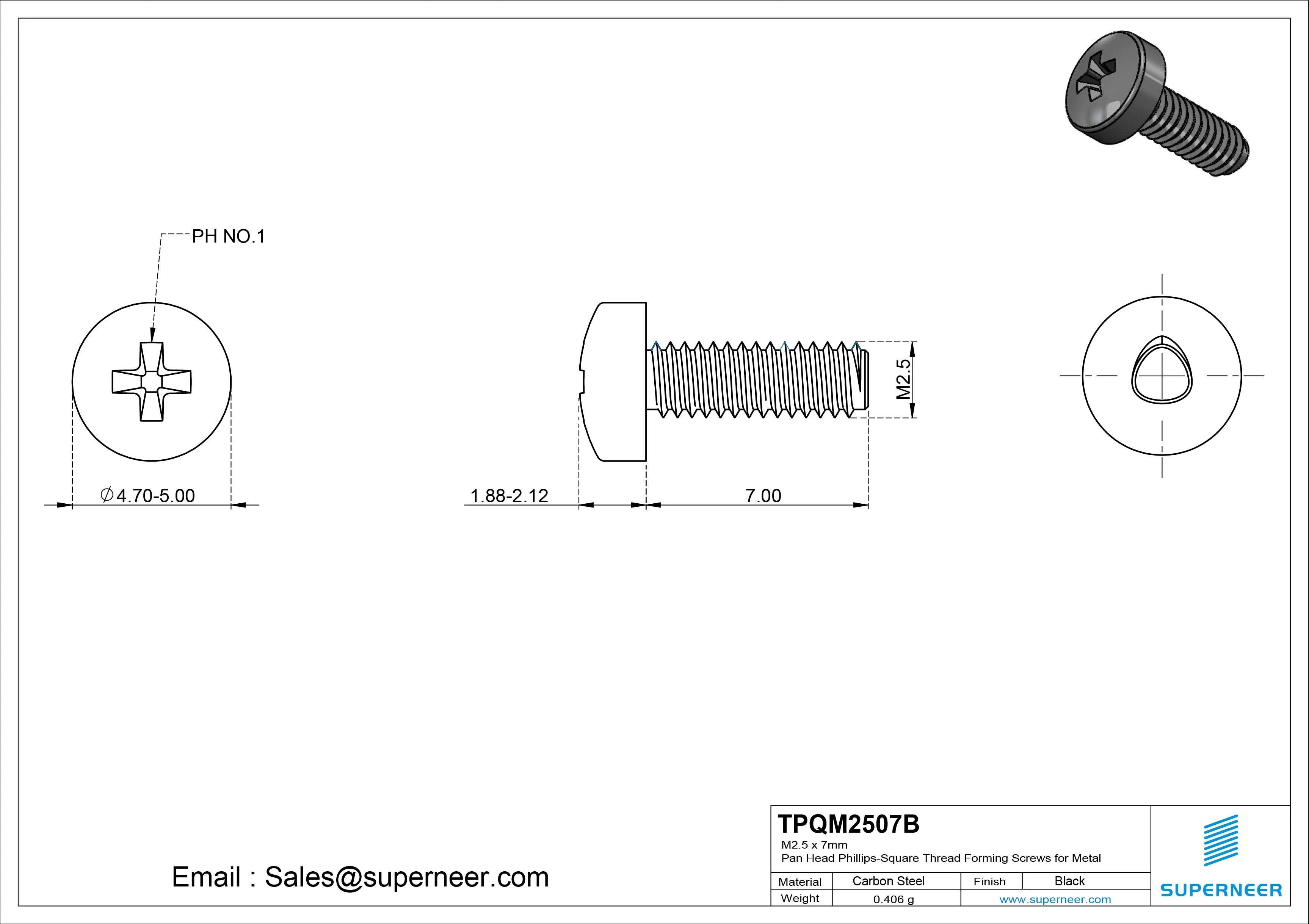 M2.5 &times; 7mm Pan Head Phillips-Square Thread Forming Screws for Metal Steel Black