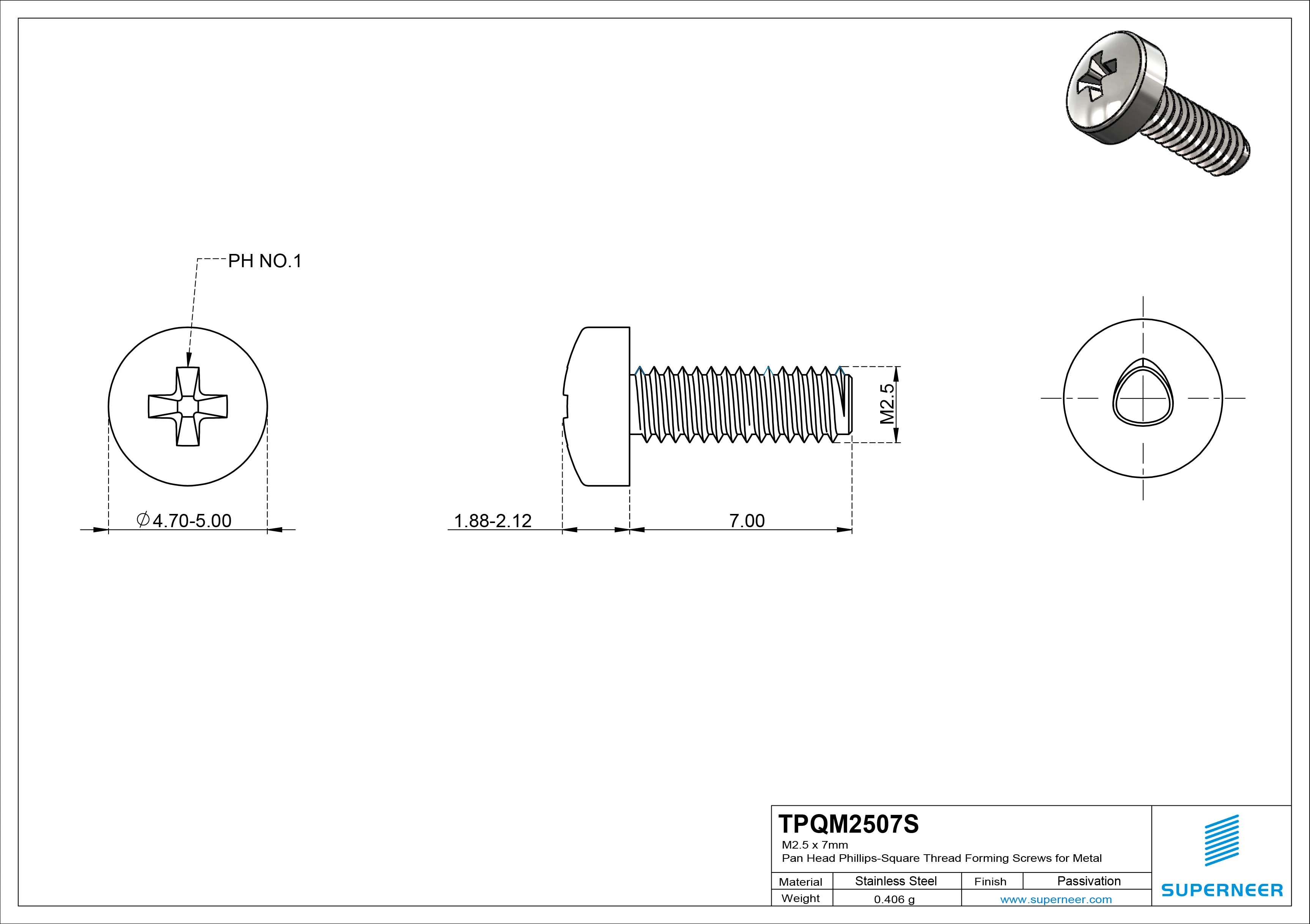 M2.5 &times; 7mm Pan Head Phillips-Square Thread Forming Screws for Metal SUS304 Stainless Steel Inox