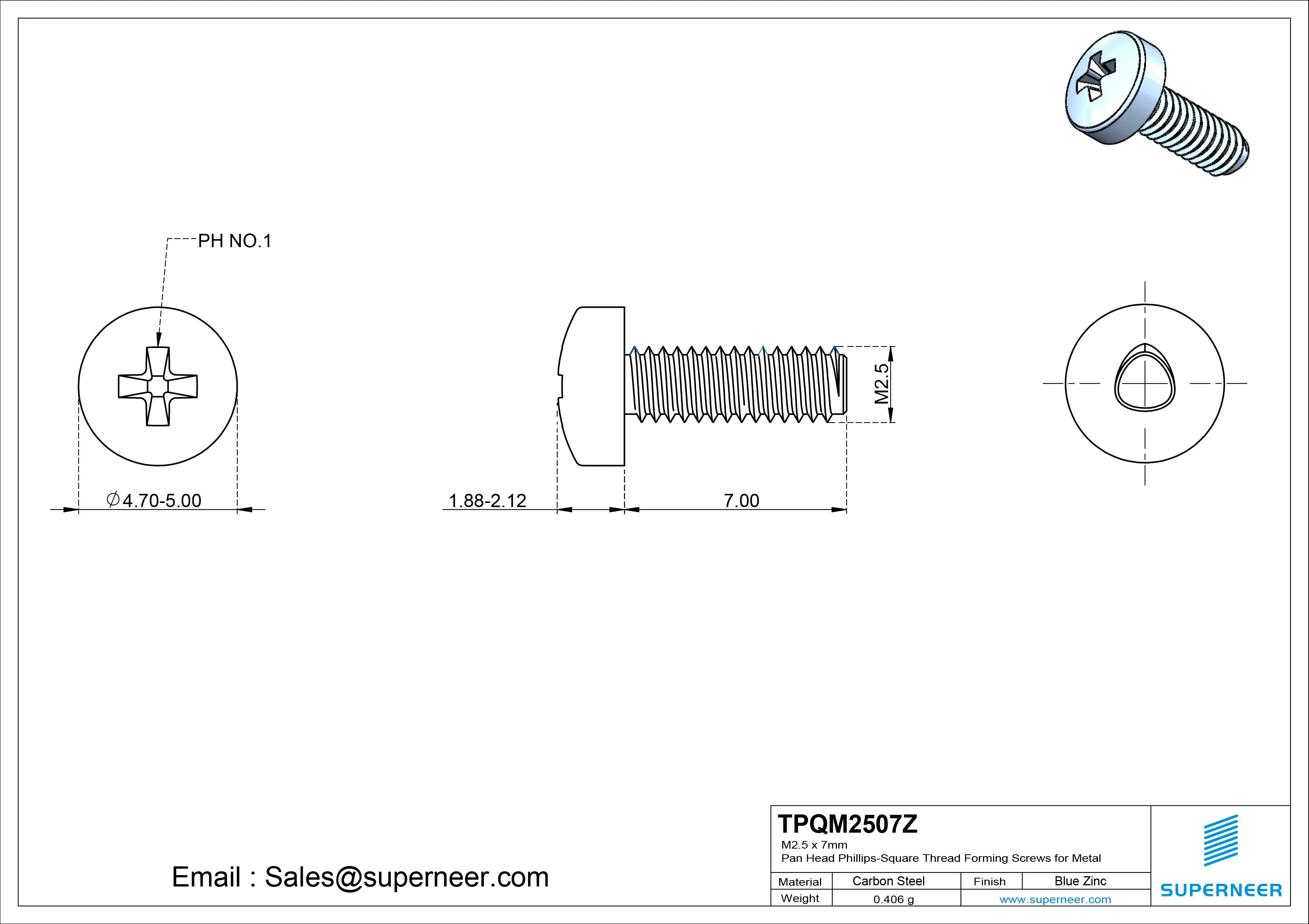 M2.5 &times; 7mm Pan Head Phillips-Square Thread Forming Screws for Metal Steel Blue Zinc Plated