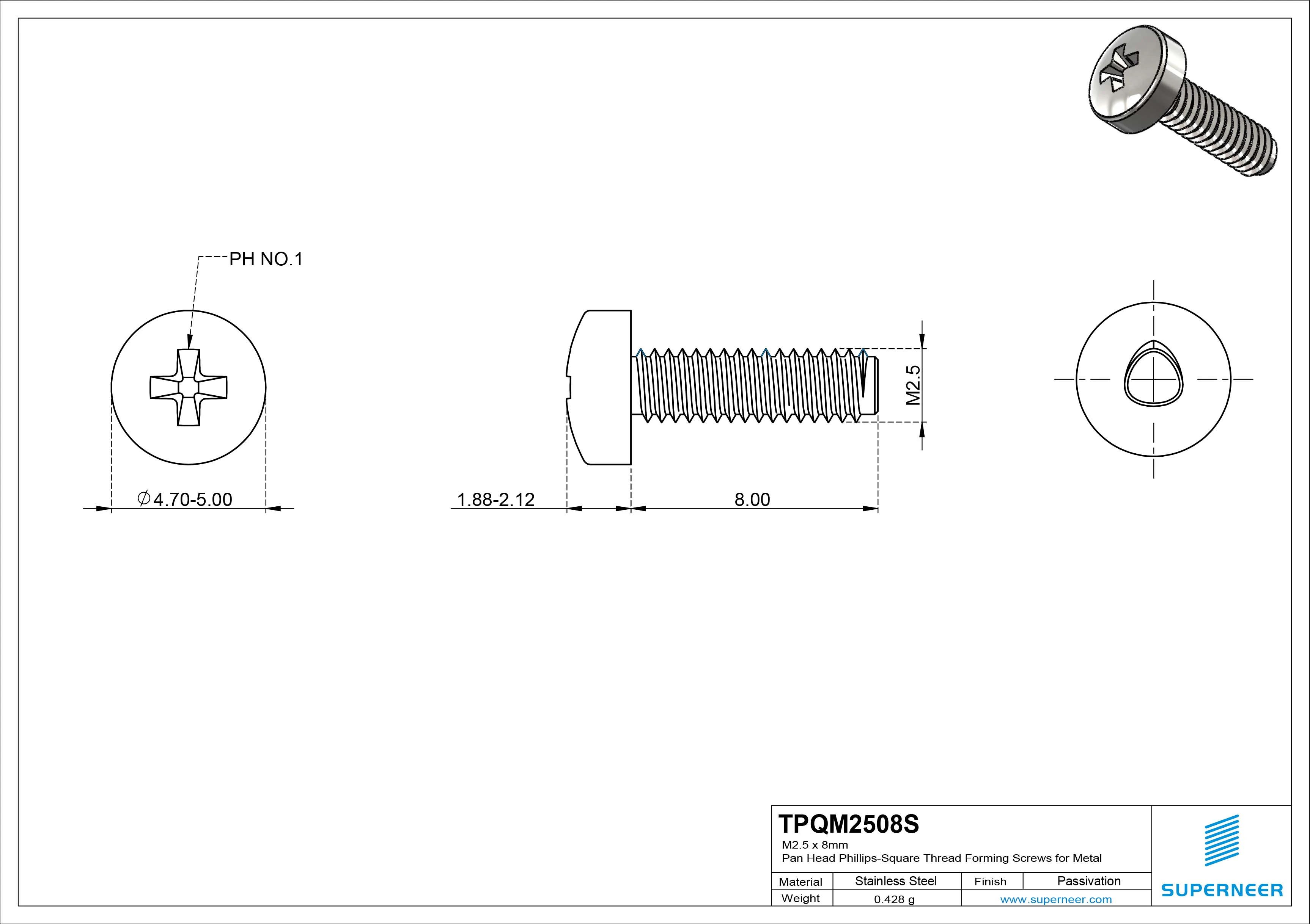 M2.5 &times; 8mm Pan Head Phillips-Square Thread Forming Screws for Metal SUS304 Stainless Steel Inox