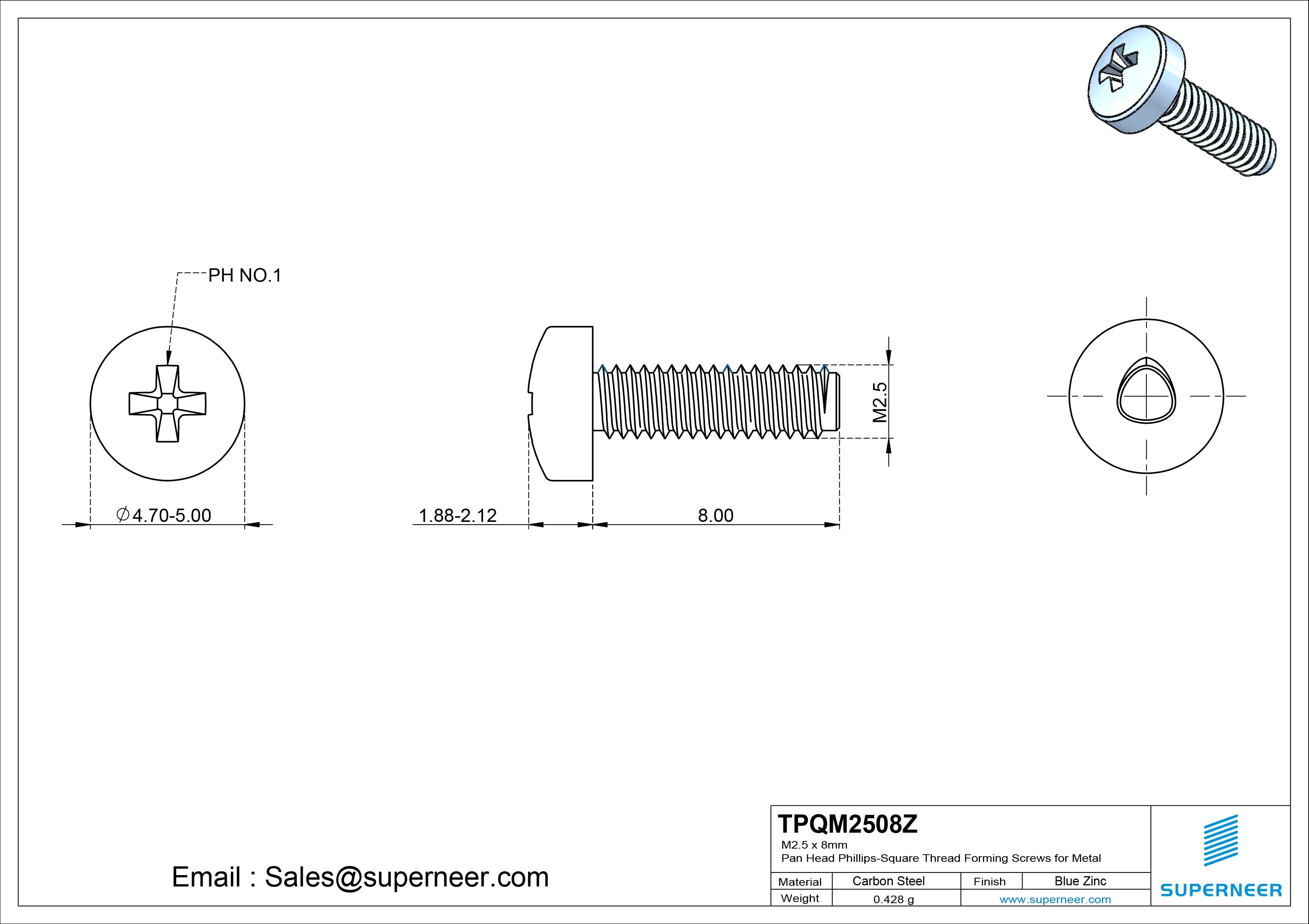 M2.5 &times; 8mm Pan Head Phillips-Square Thread Forming Screws for Metal Steel Blue Zinc Plated