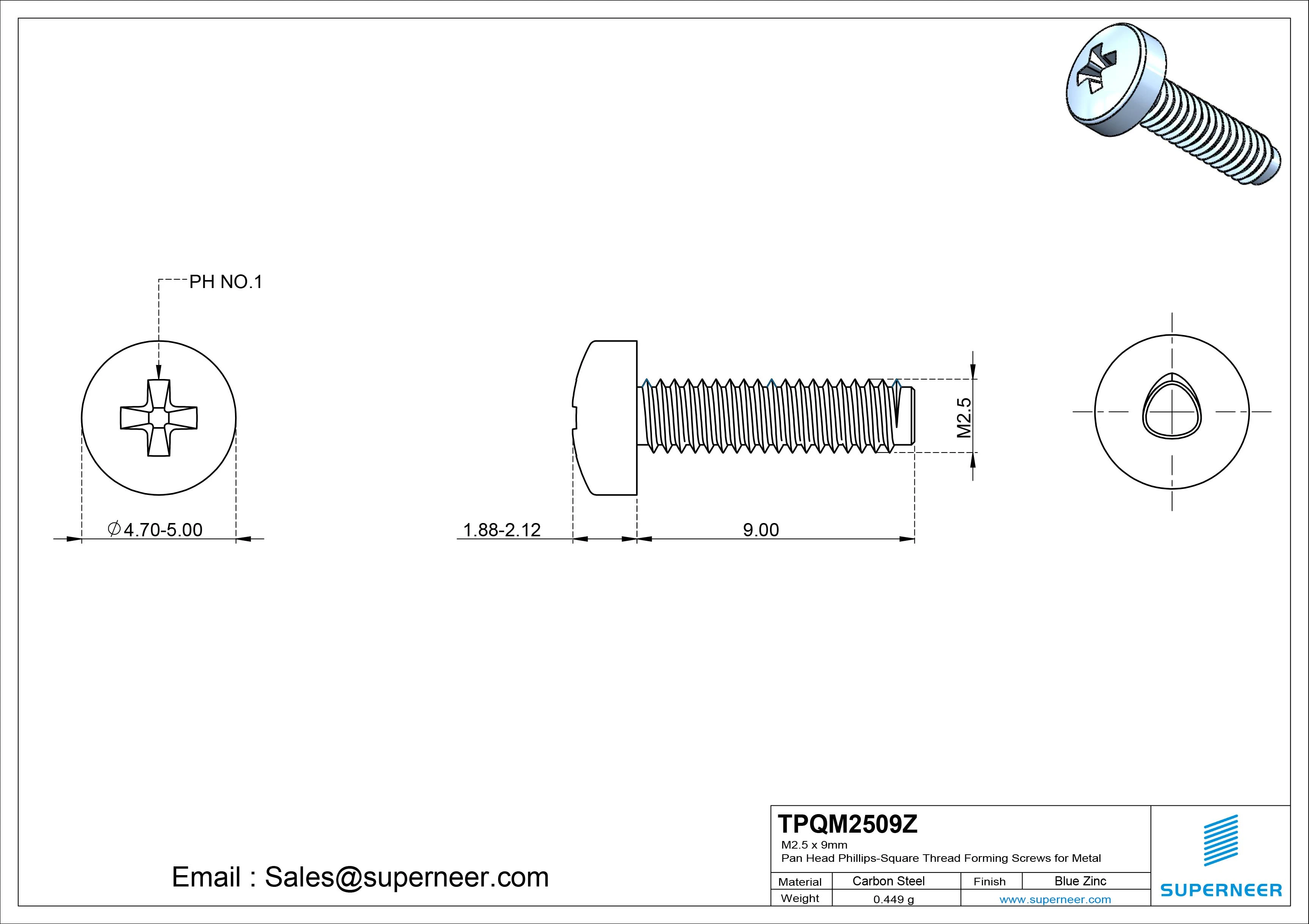 M2.5 &times; 9mm Pan Head Phillips-Square Thread Forming Screws for Metal Steel Blue Zinc Plated