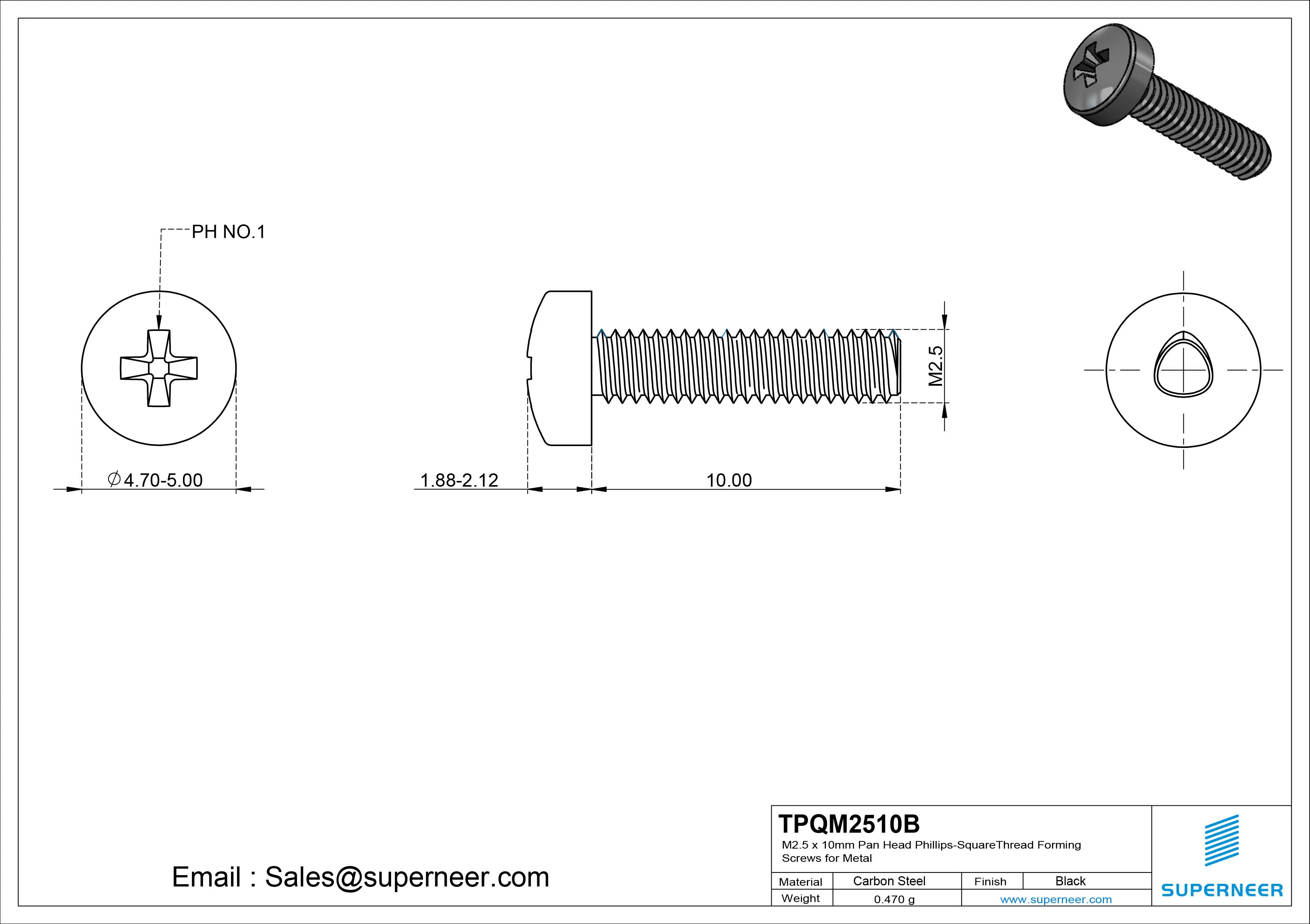M2.5 &times; 10mm Pan Head Phillips-Square Thread Forming Screws for Metal Steel Black