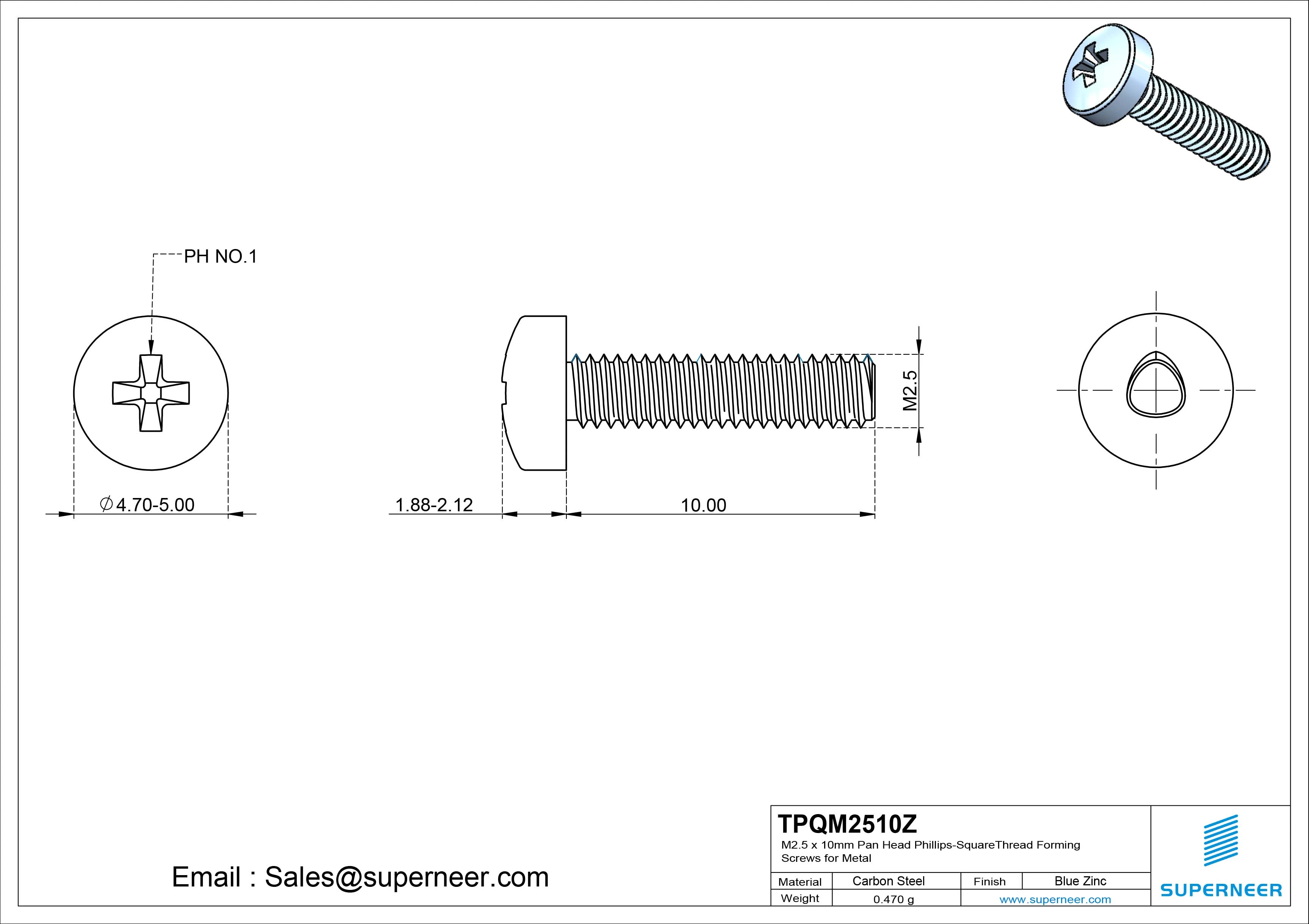 M2.5 &times; 10mm Pan Head Phillips-Square Thread Forming Screws for Metal Steel Blue Zinc Plated