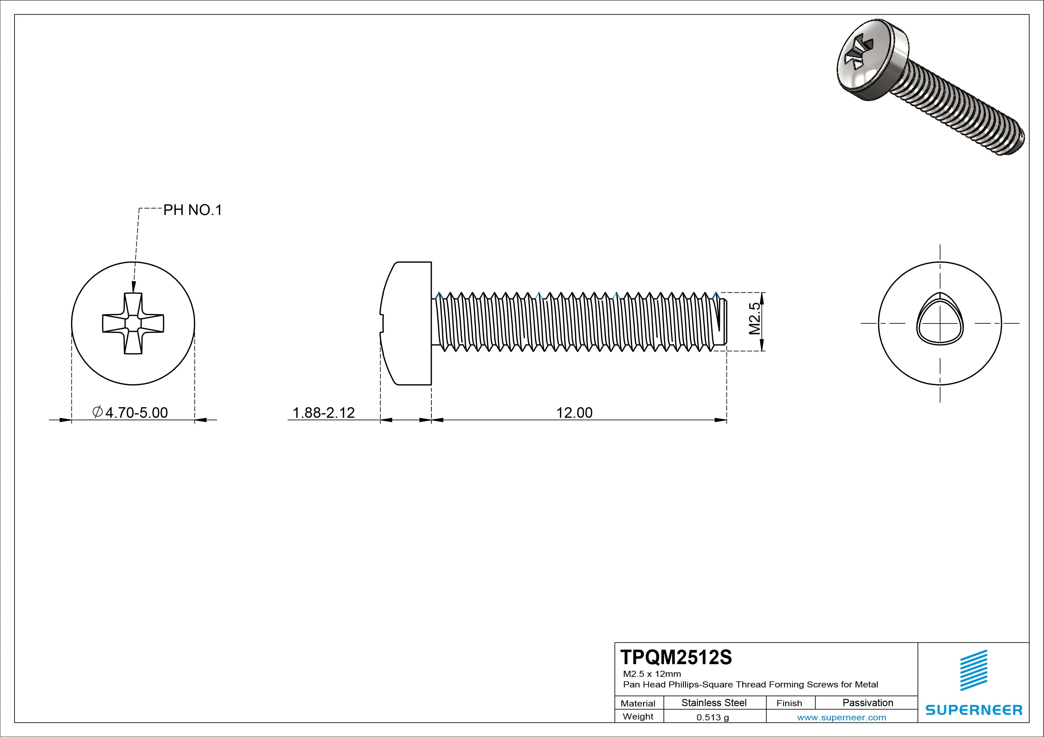 M2.5 &times; 12mm Pan Head Phillips-Square Thread Forming Screws for Metal SUS304 Stainless Steel Inox