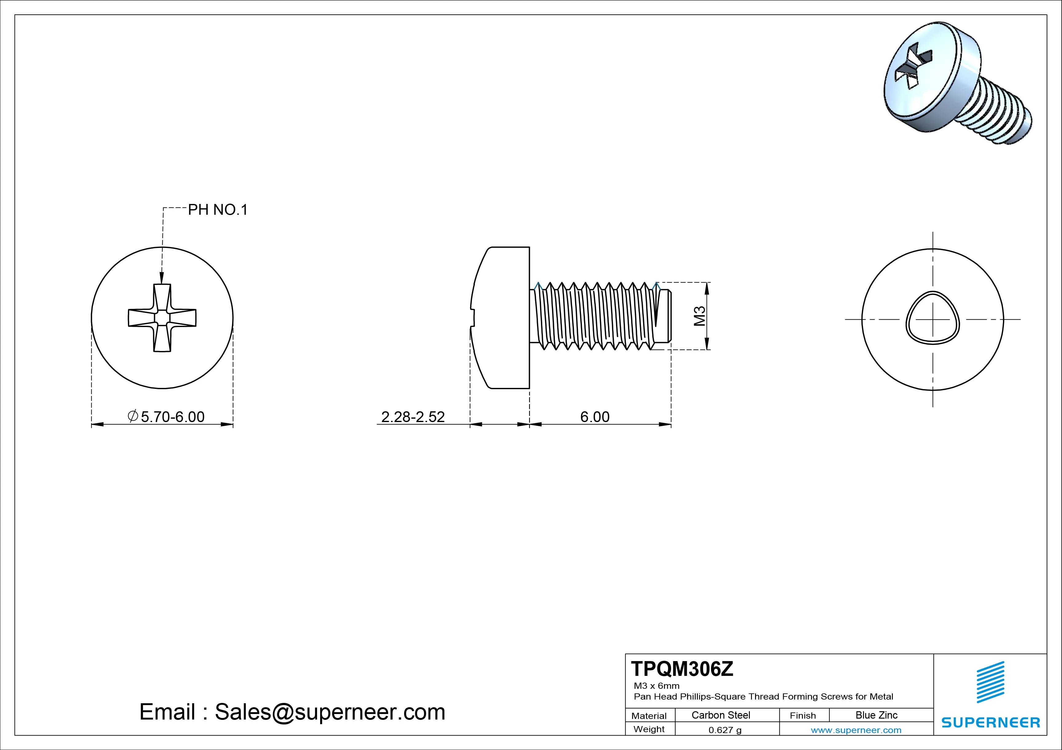 M3 &times; 6mm Pan Head Phillips-Square Thread Forming Screws for Metal Steel Blue Zinc Plated