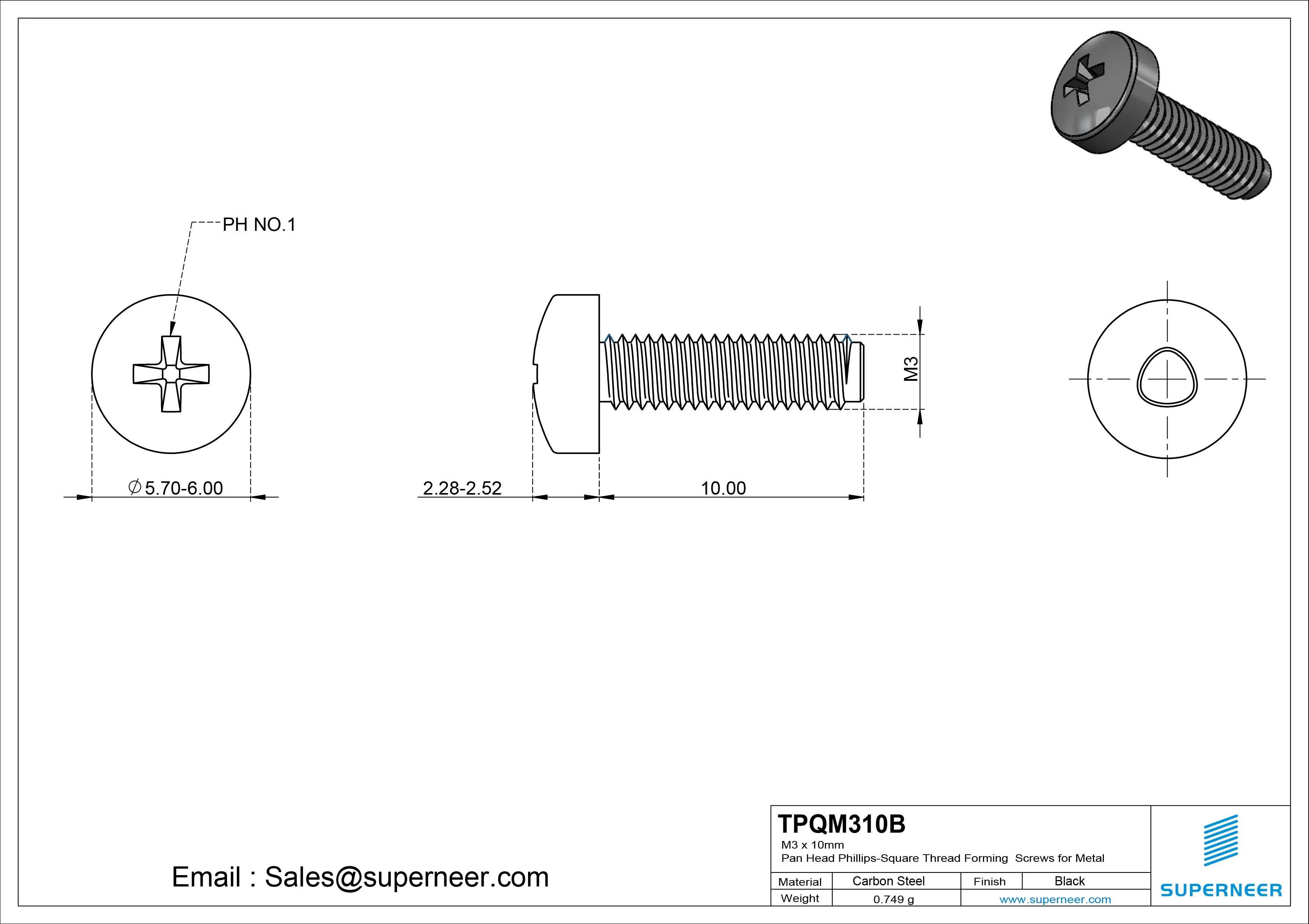 M3 &times; 10mm Pan Head Phillips-Square Thread Forming Screws for Metal Steel Black