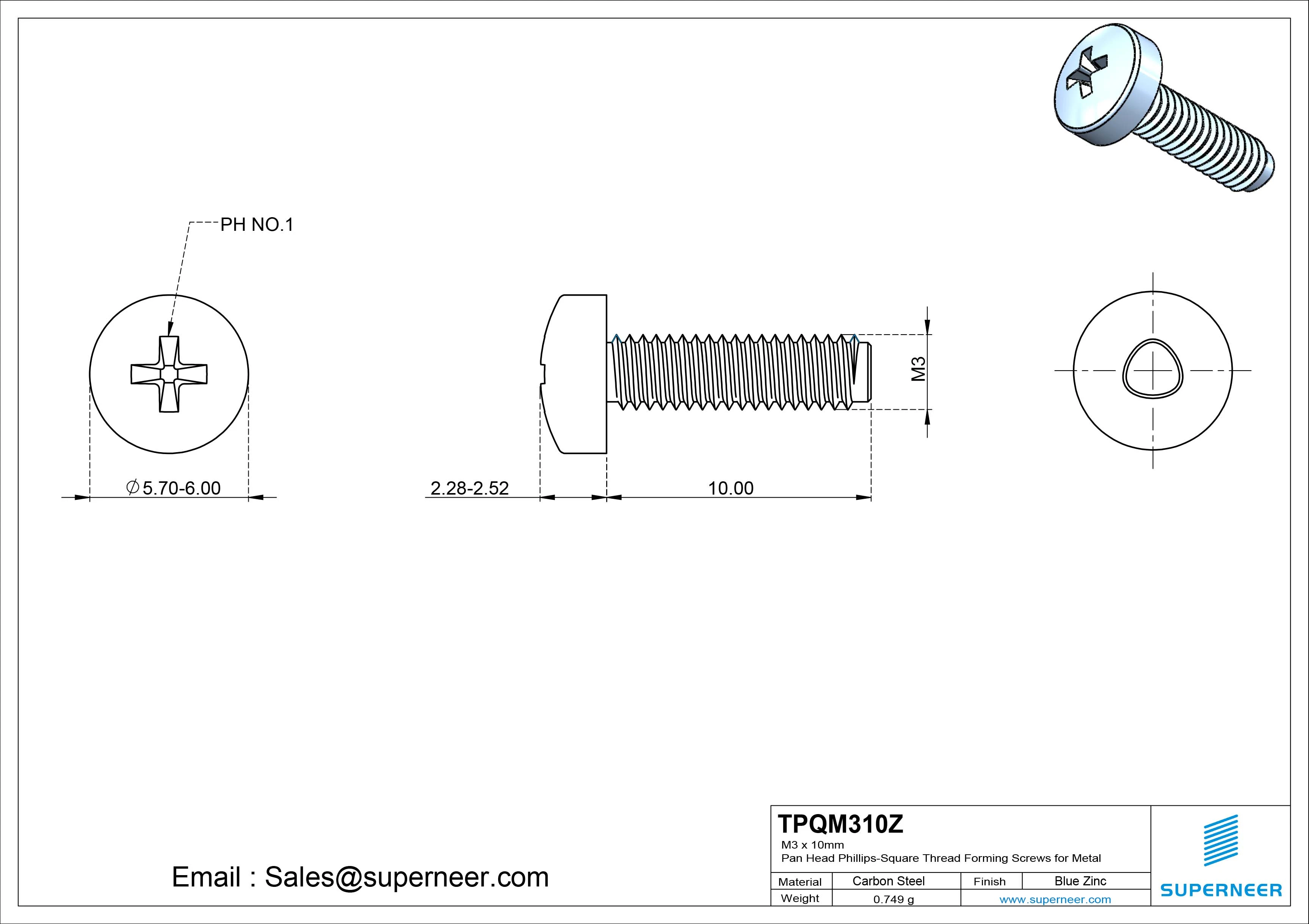 M3 &times; 10mm Pan Head Phillips-Square Thread Forming Screws for Metal Steel Blue Zinc Plated