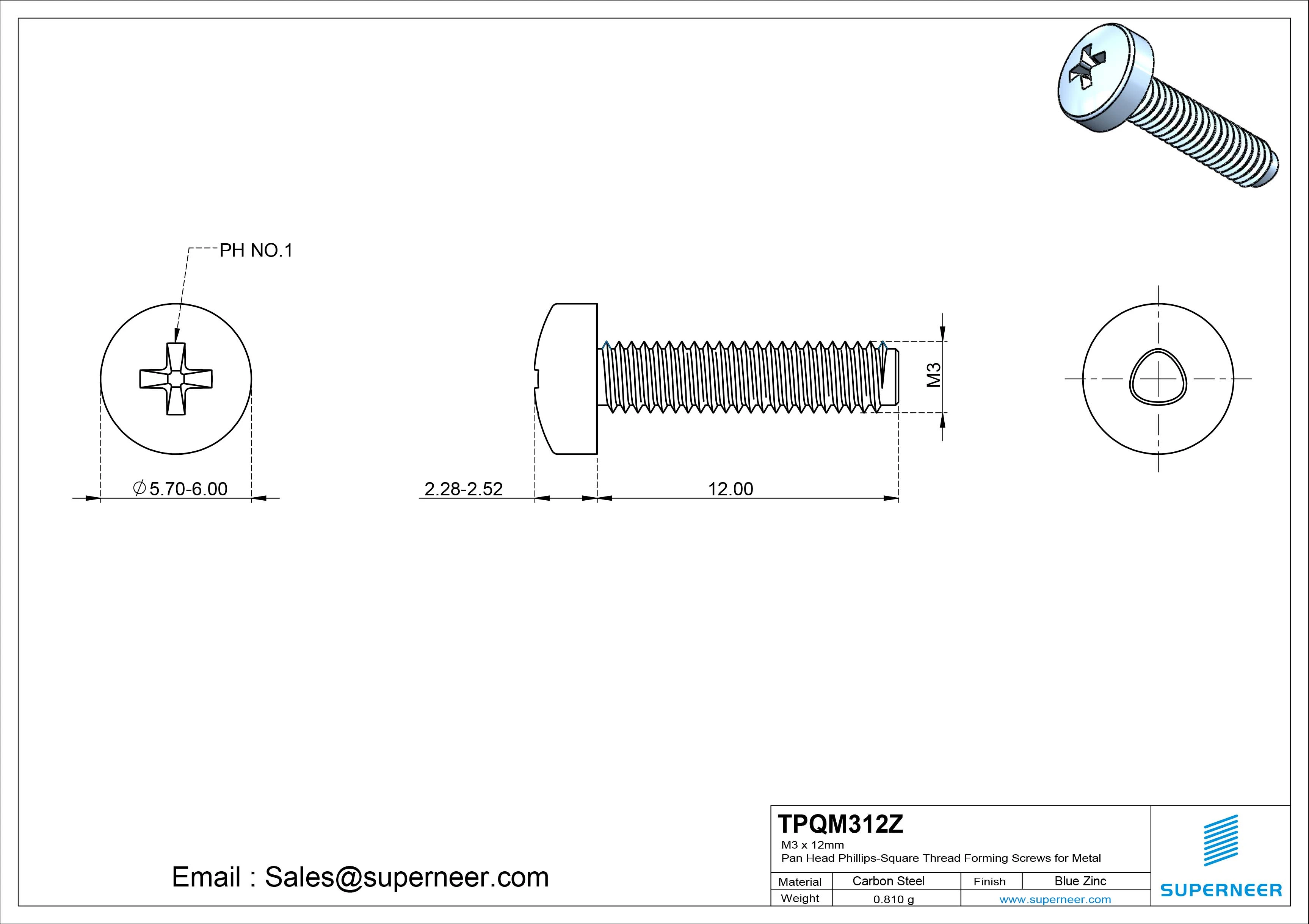 M3 &times; 12mm Pan Head Phillips-Square Thread Forming Screws for Metal Steel Blue Zinc Plated