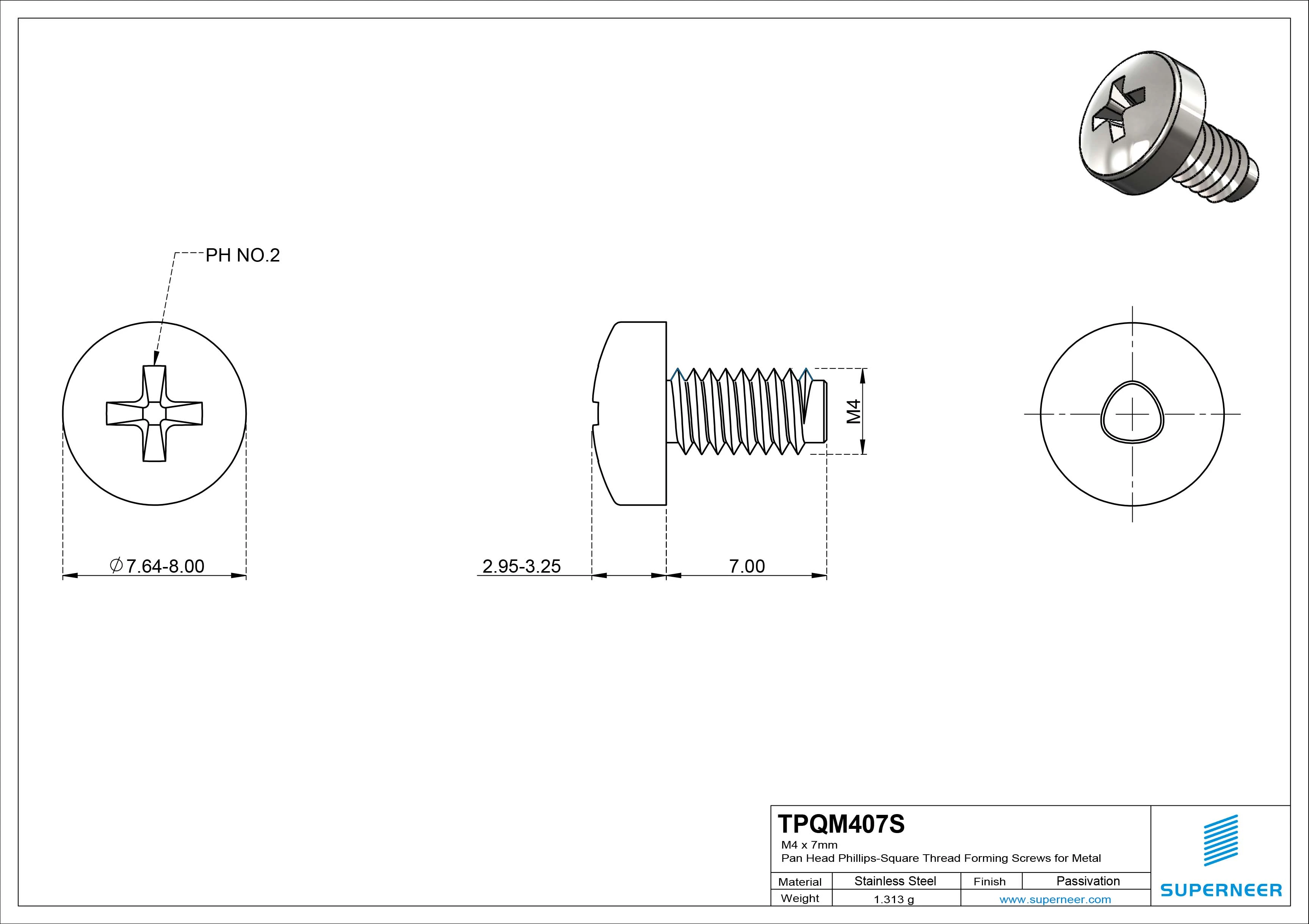 M4 &times; 7mm Pan Head Phillips-Square Thread Forming Screws for Metal SUS304 Stainless Steel Inox
