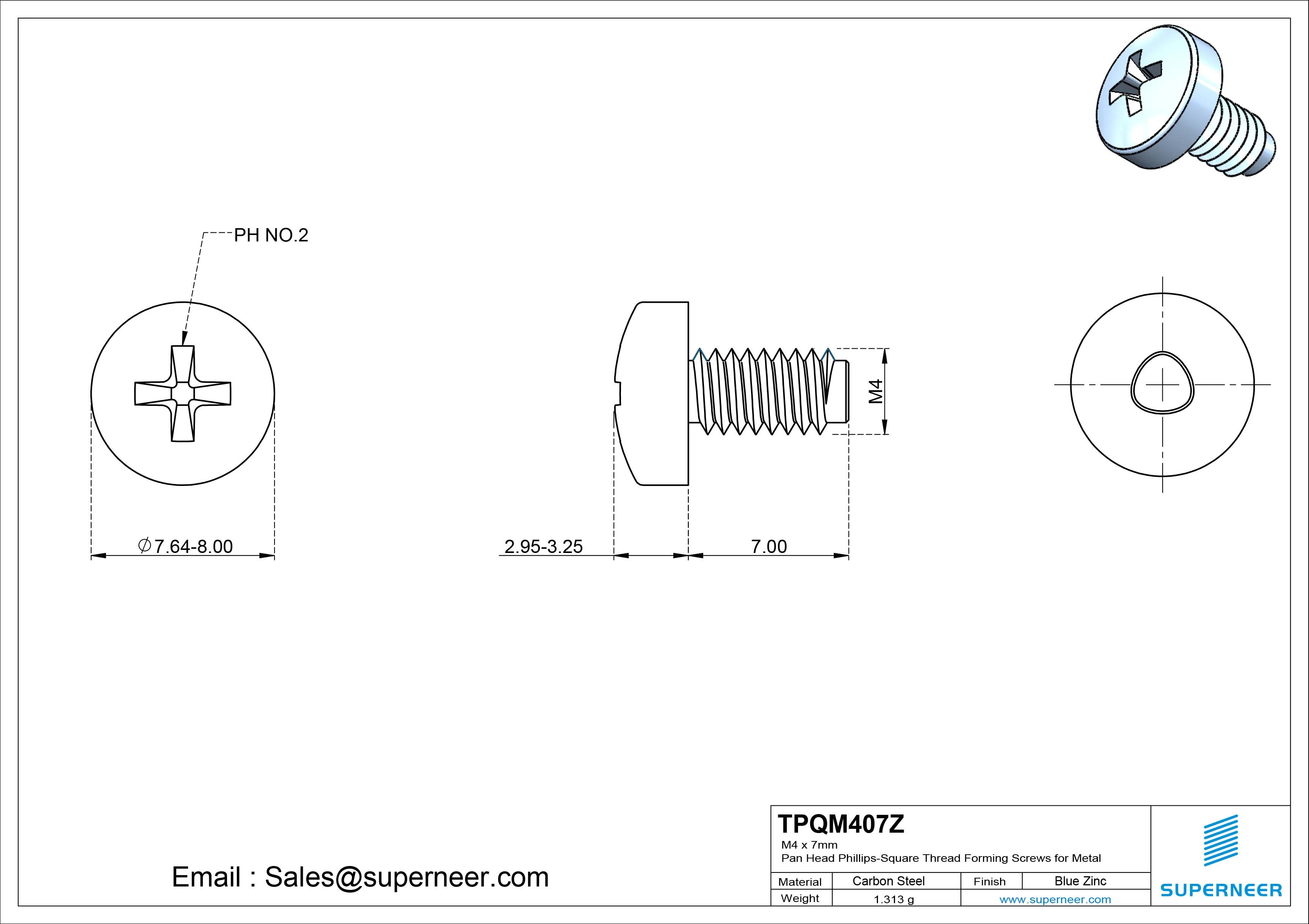 M4 &times; 7mm Pan Head Phillips-Square Thread Forming Screws for Metal Steel Blue Zinc Plated
