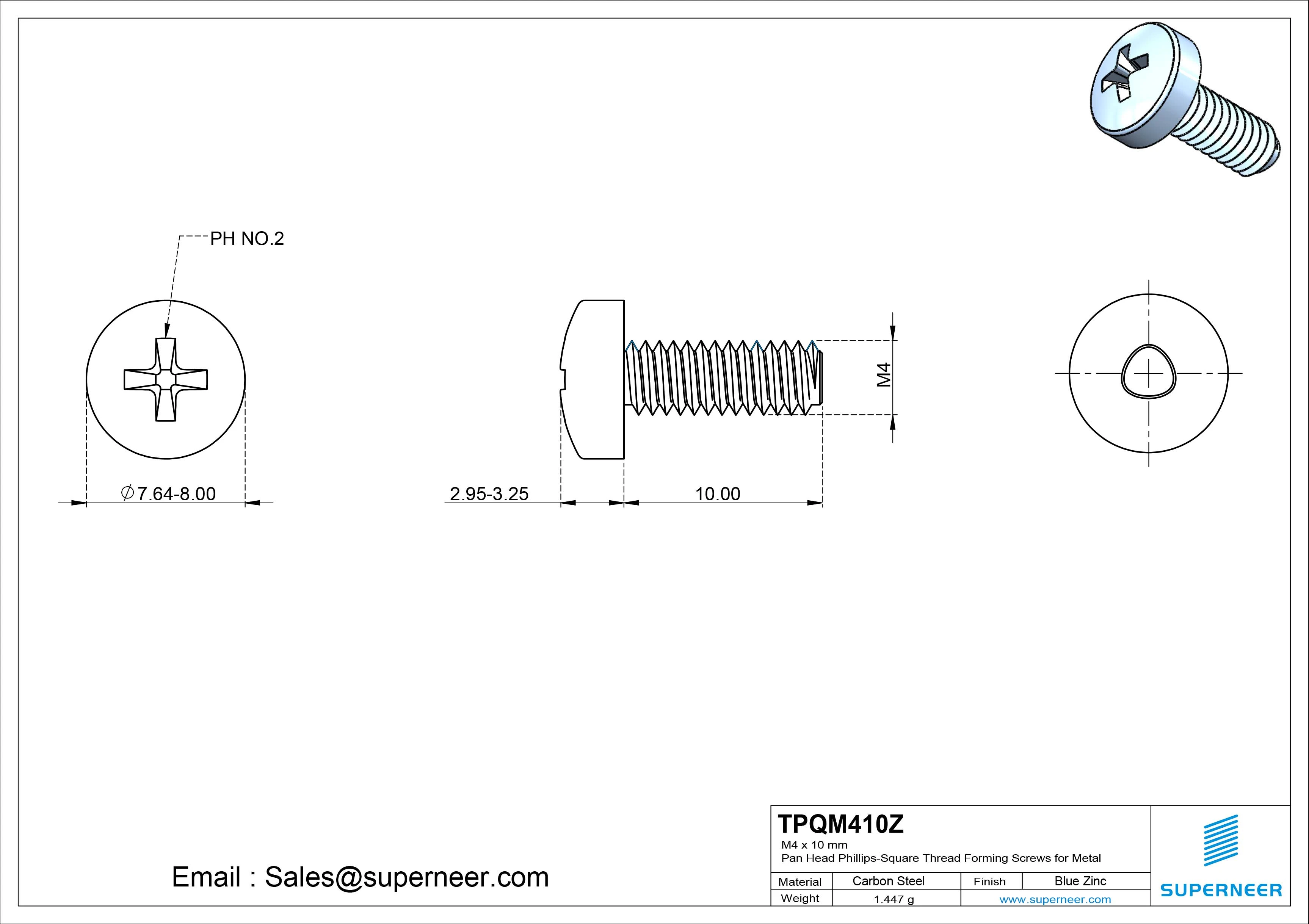M4 &times; 10mm Pan Head Phillips-Square Thread Forming Screws for Metal Steel Blue Zinc Plated
