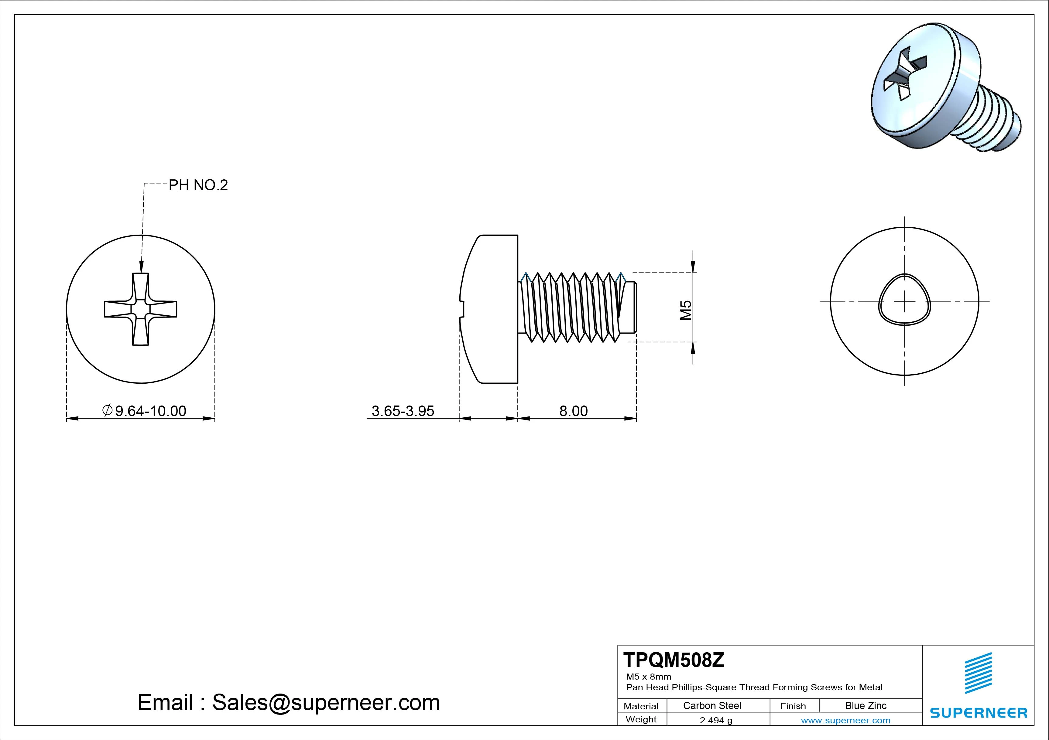 M5 &times; 8mm Pan Head Phillips-Square Thread Forming Screws for Metal Steel Blue Zinc Plated