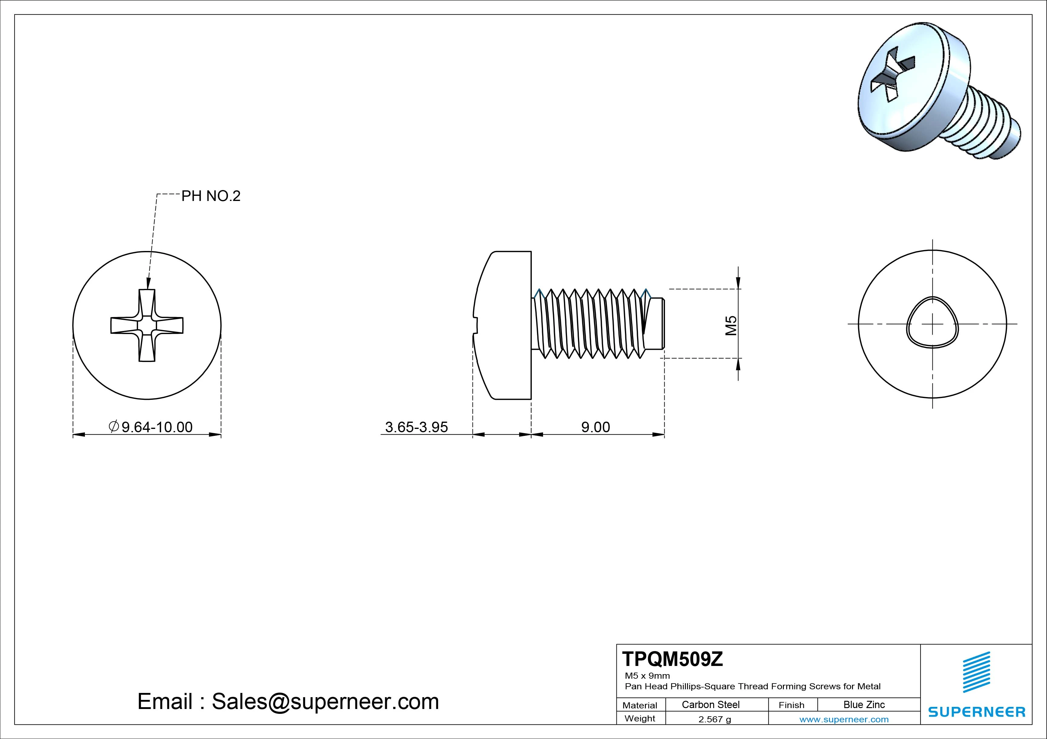 M5 &times; 9mm Pan Head Phillips-Square Thread Forming Screws for Metal Steel Blue Zinc Plated