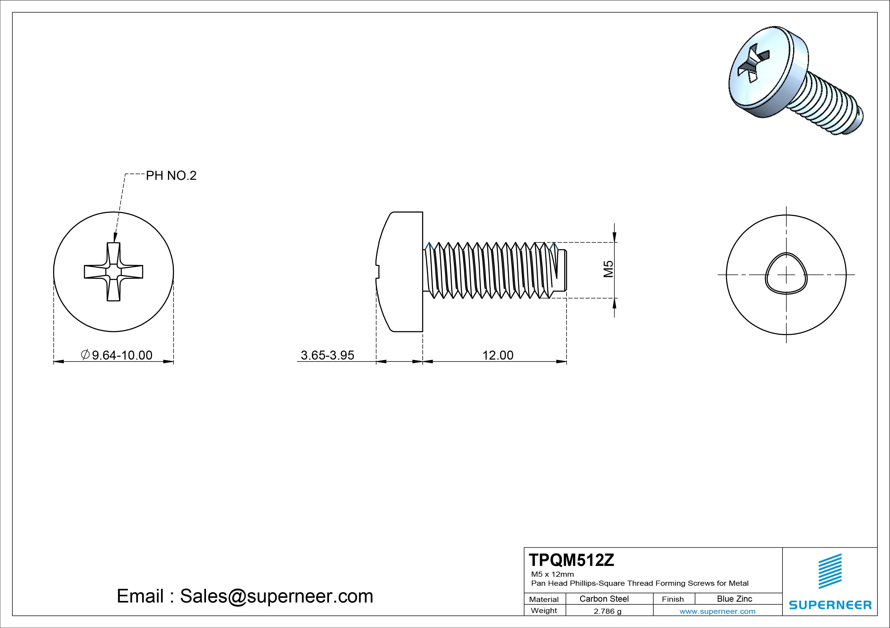 M5 &times; 12mm Pan Head Phillips-Square Thread Forming Screws for Metal Steel Blue Zinc Plated